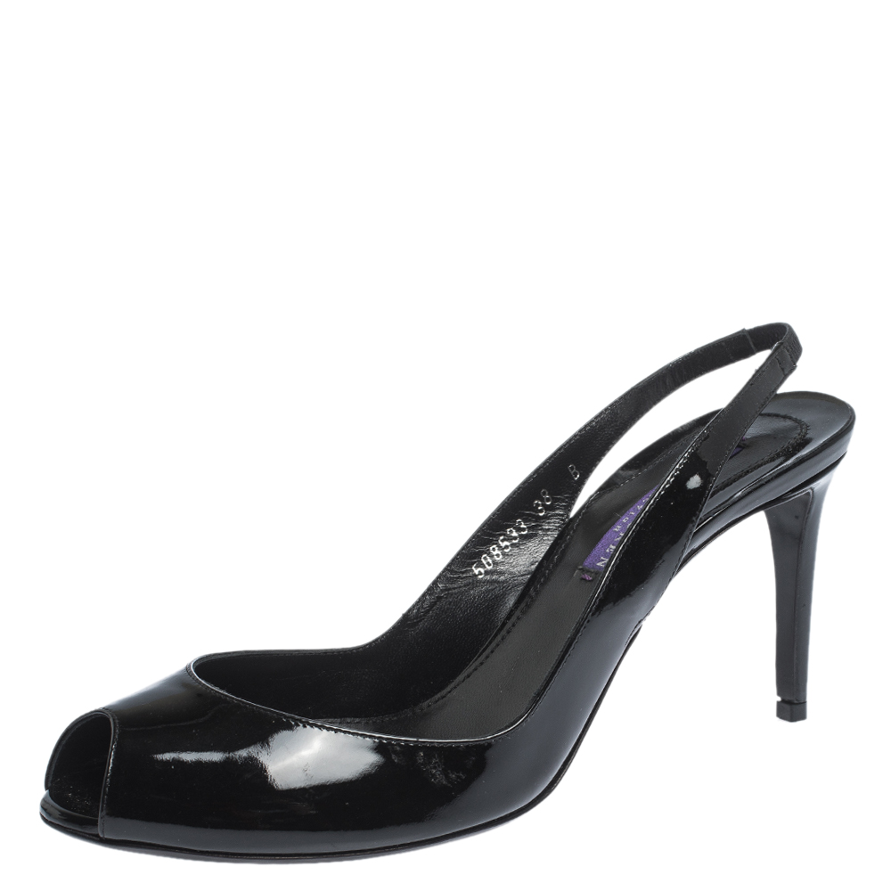 Image of Ralph Lauren Black Patent Leather Peep Toe Slingback Sandals Size