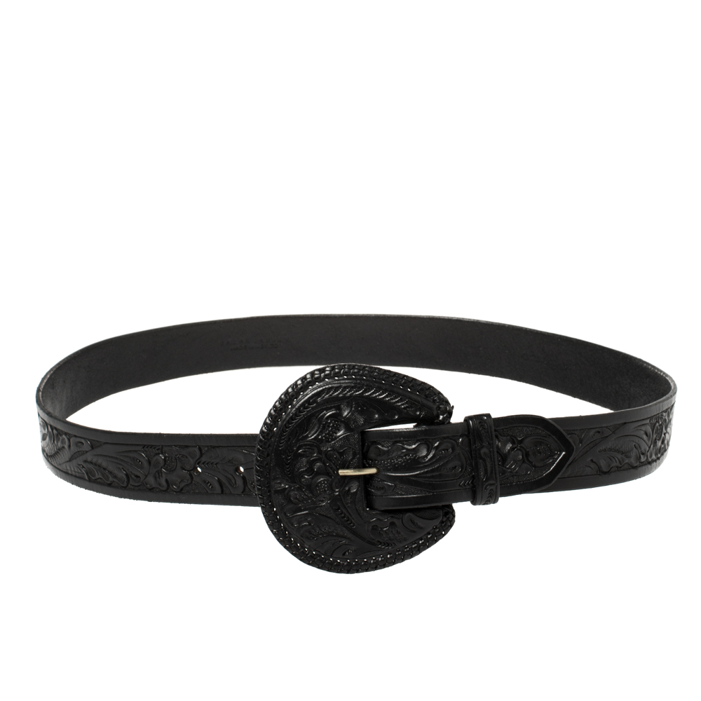 Ralph Lauren Black Floral Embossed Leather Buckle Belt XL