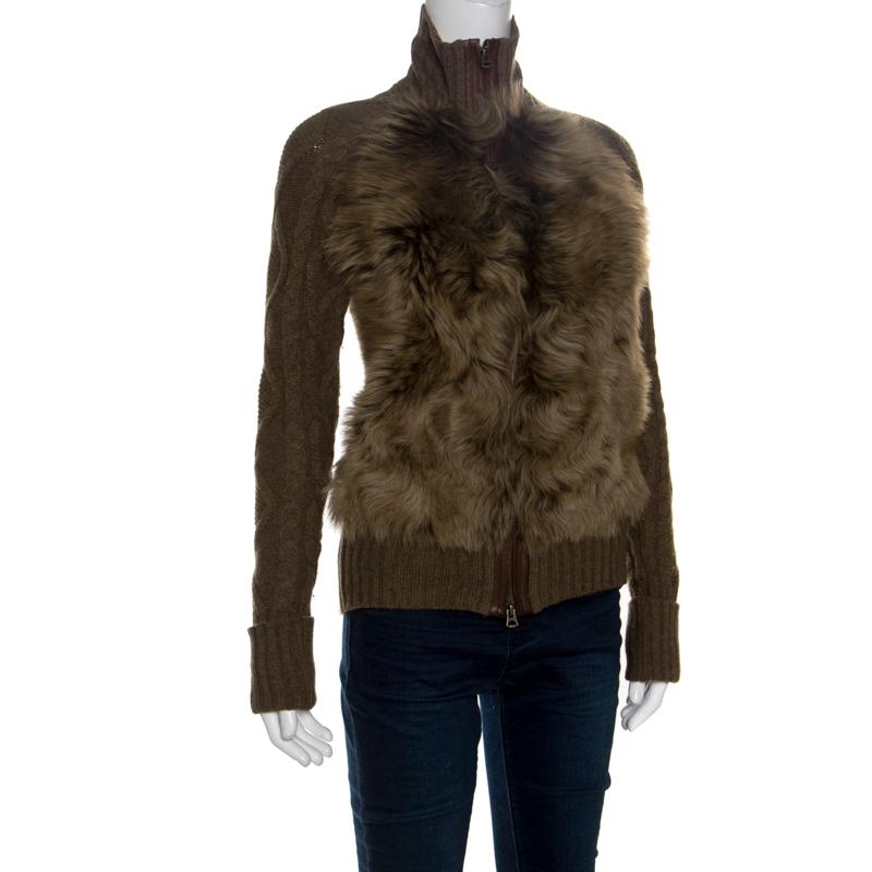 Ralph Lauren Brown Wool and Angora Knit Fur Panel Detail Zip Front Jacket XS