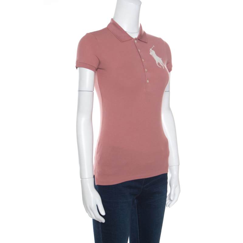 Ralph Lauren Blush Pink Cotton Beaded Logo Embellished Polo T- Shirt XS