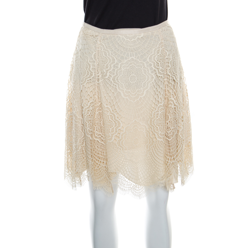 Image of Ralph Lauren Beige Floral Scalloped Lace Flared Mini Skirt S