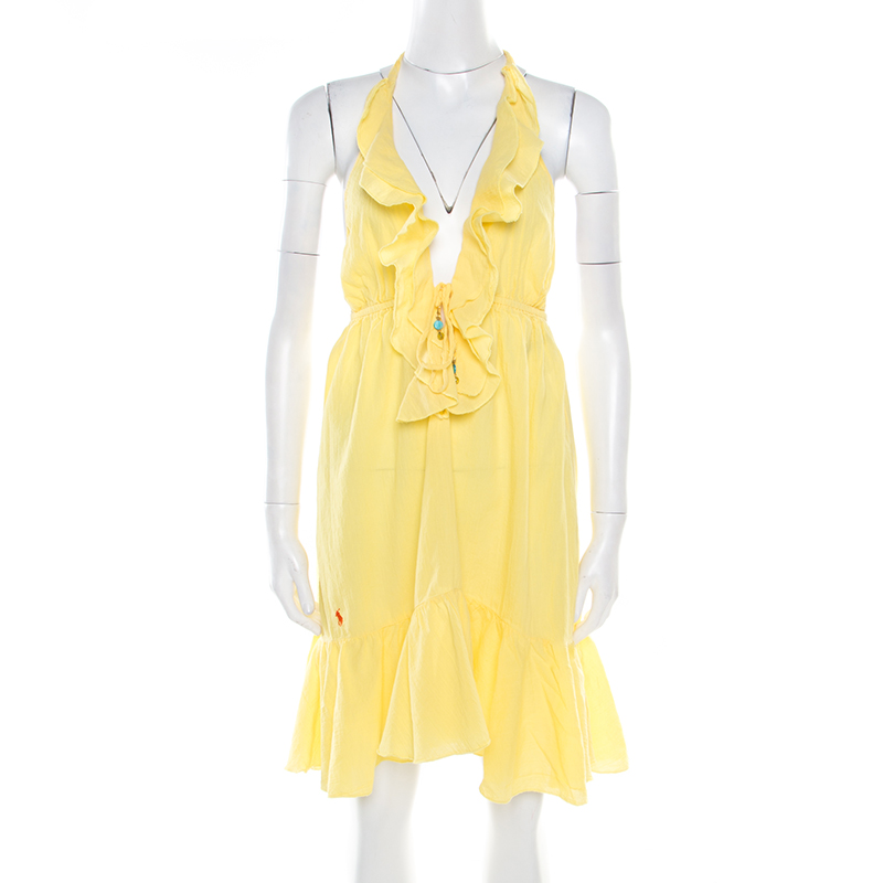 Ralph Lauren Yellow Crinkled Cotton Ruffled Halter Sundress M