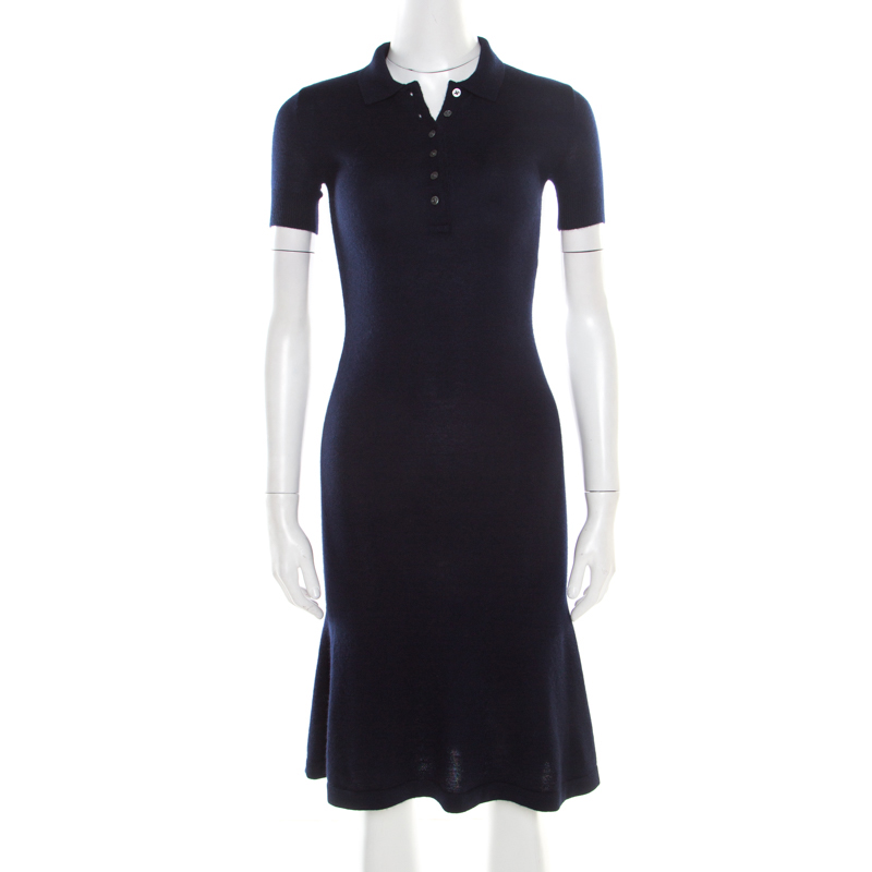 Ralph lauren navy blue cashmere and silk knit polo midi dress xs