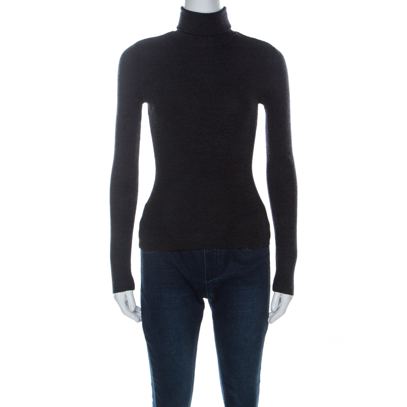 Image of Ralph Lauren Charcoal Grey Ribbed Wool Turtleneck Fitted Sweater S