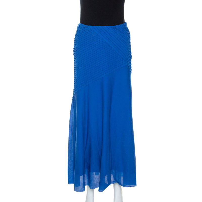 Ralph Lauren Blue Cotton Pintuck Detail Maxi Skirt S