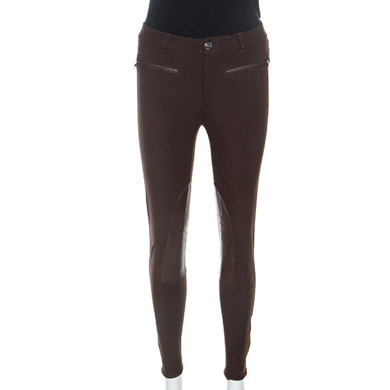 Image of Ralph Lauren Brown Stretch Knit Leather Detail Leggings S