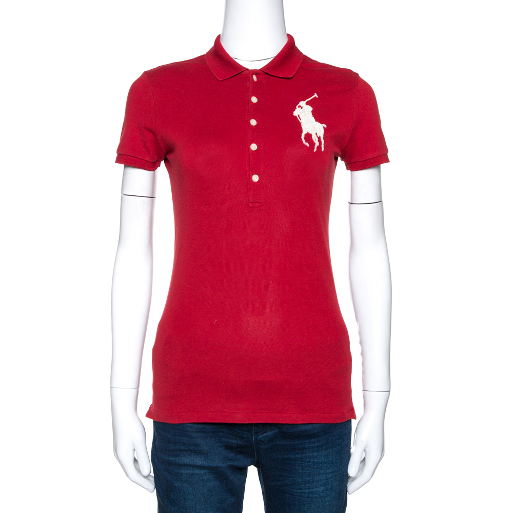 Image of Ralph Lauren Brick Red Cotton Pique Bead Embroidered Logo Polo T-Shirt S