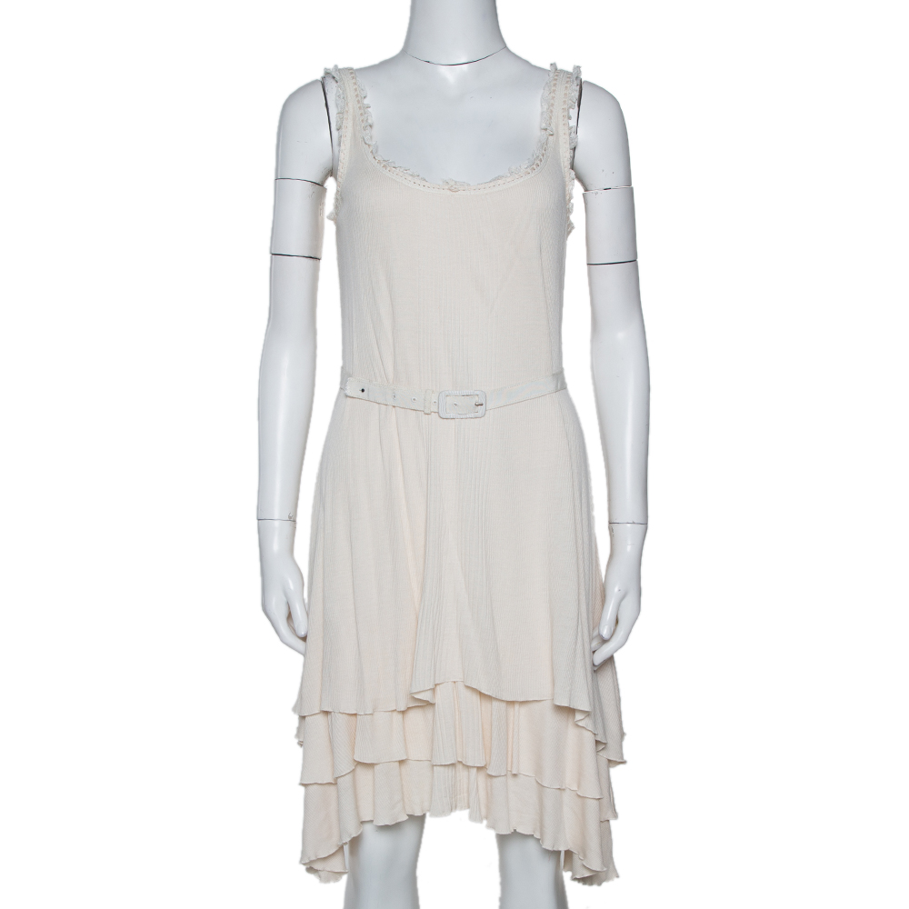 Image of Ralph Lauren Cream Silk & Cotton Knit Sleeveless Belted Dress M