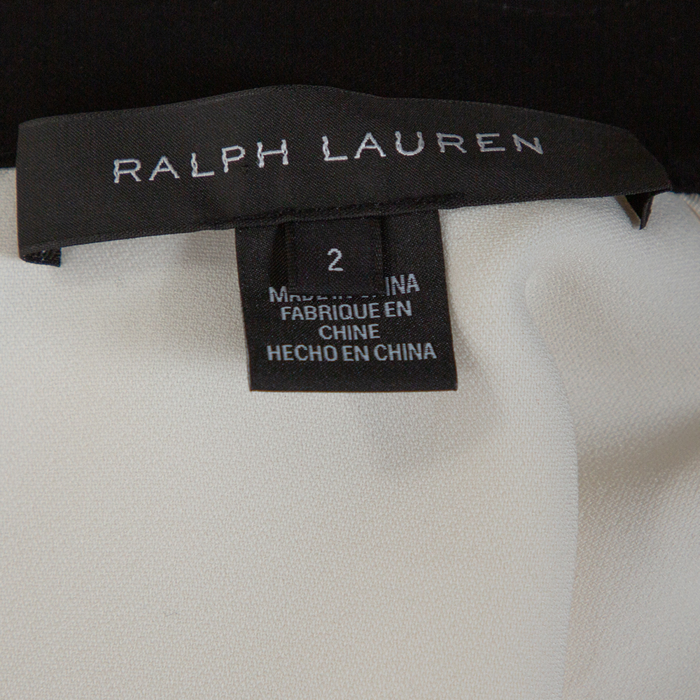 Ralph Lauren Off White Crepe Contrast Leather Trim Blouse S