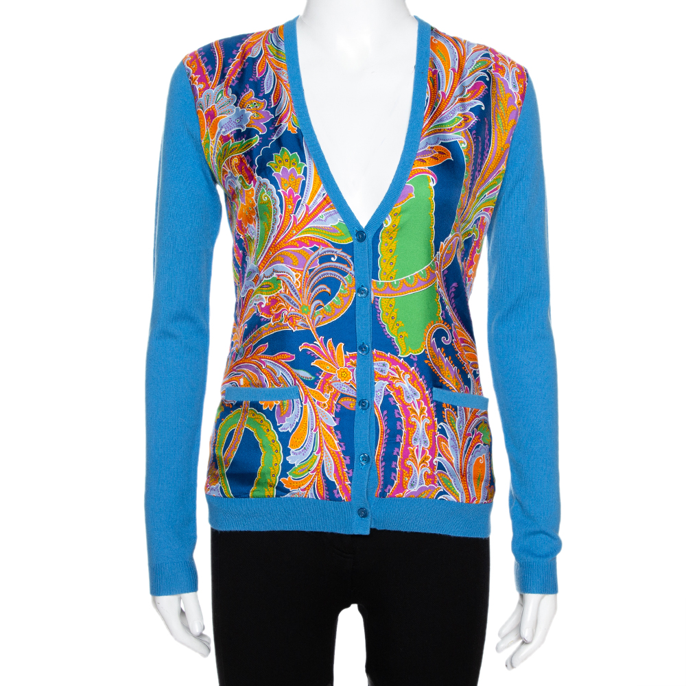 Image of Ralph Lauren Blue Cashmere Paisley Print Silk Overlay Cardigan S