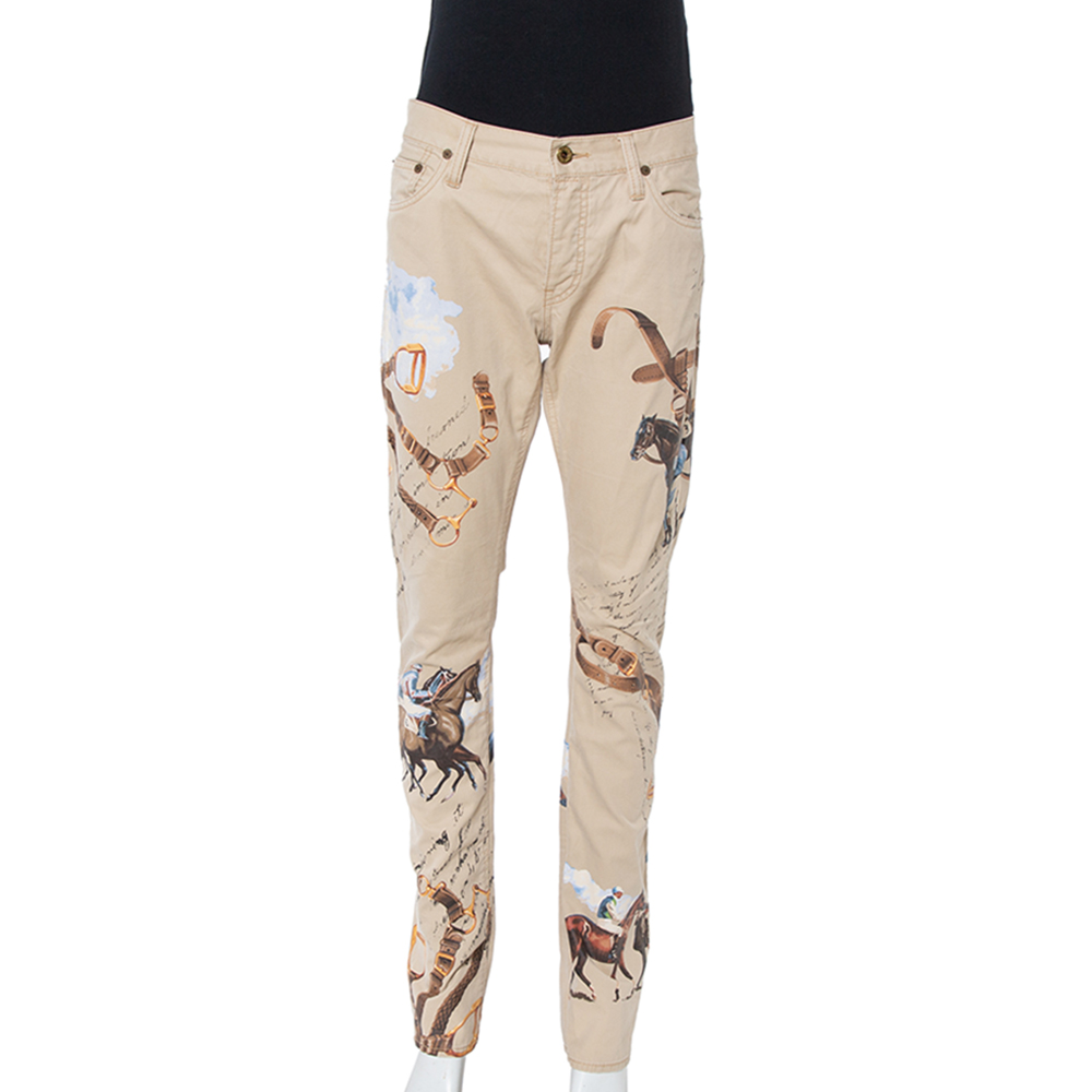 Image of Ralph Lauren Beige Equestrian Print Cotton Thompson  Pants M