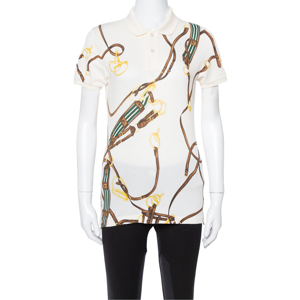 Image of Ralph Lauren Cream Equestrian Bridle Print Cotton Polo T-Shirt M
