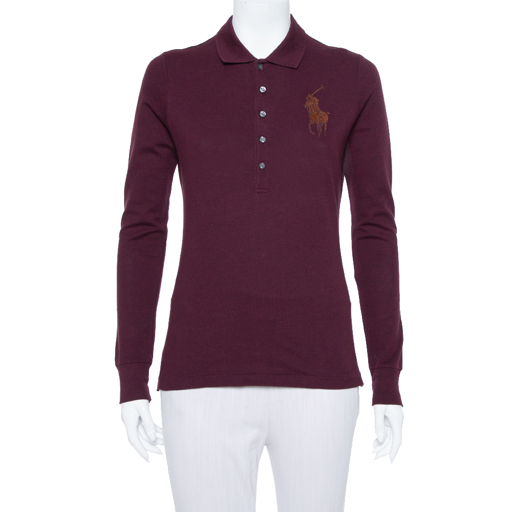 Ralph Lauren Burgundy Pique Knit Long Sleeve Polo T Shirt M
