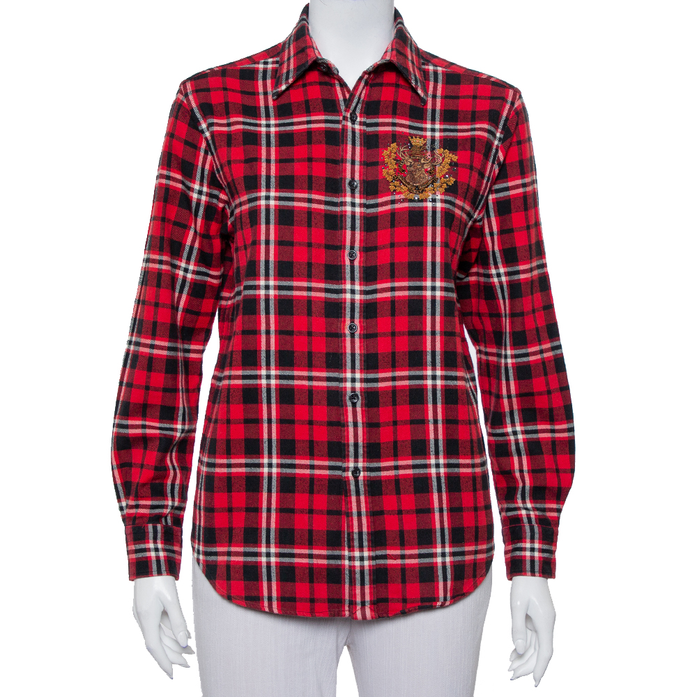 Ralph Lauren Red Plaided Cotton & Silk Logo Embellished Button Front Shirt M