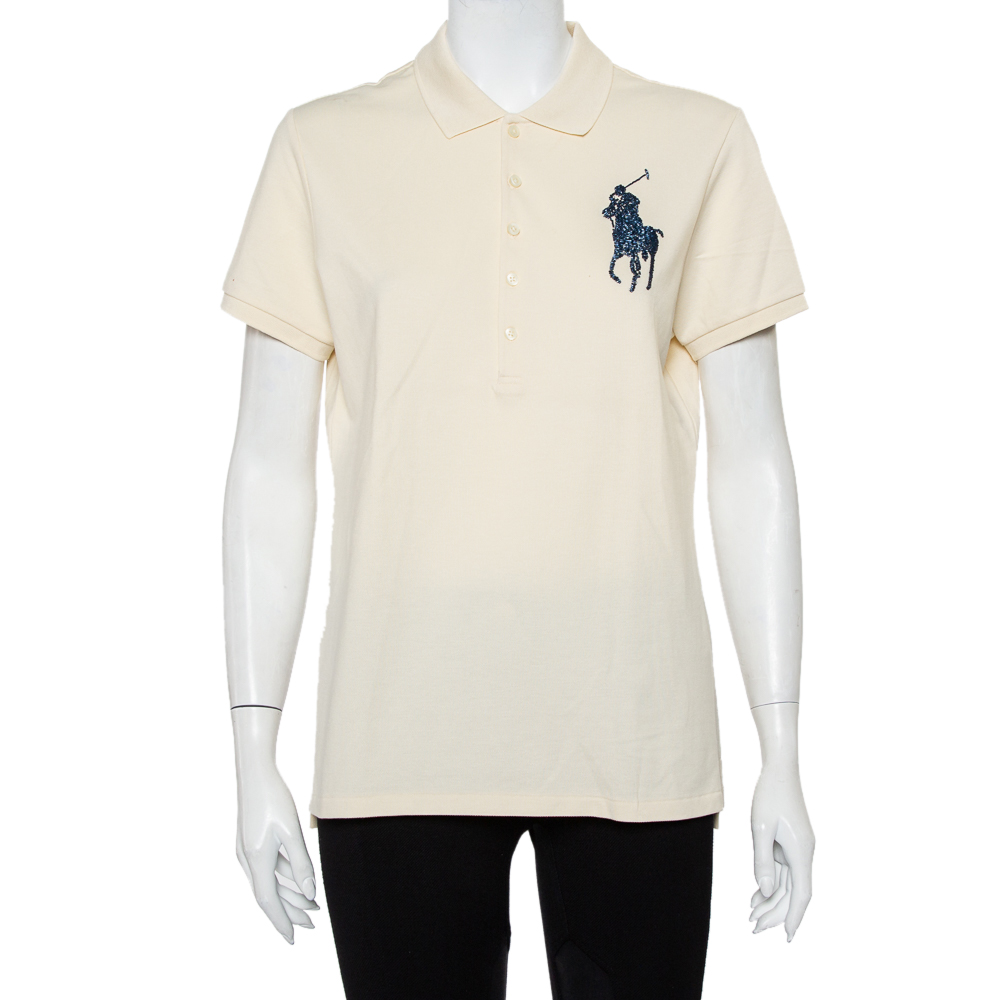 Ralph Lauren Cream Cotton Pique Embellished Logo Detail Polo T-Shirt XL