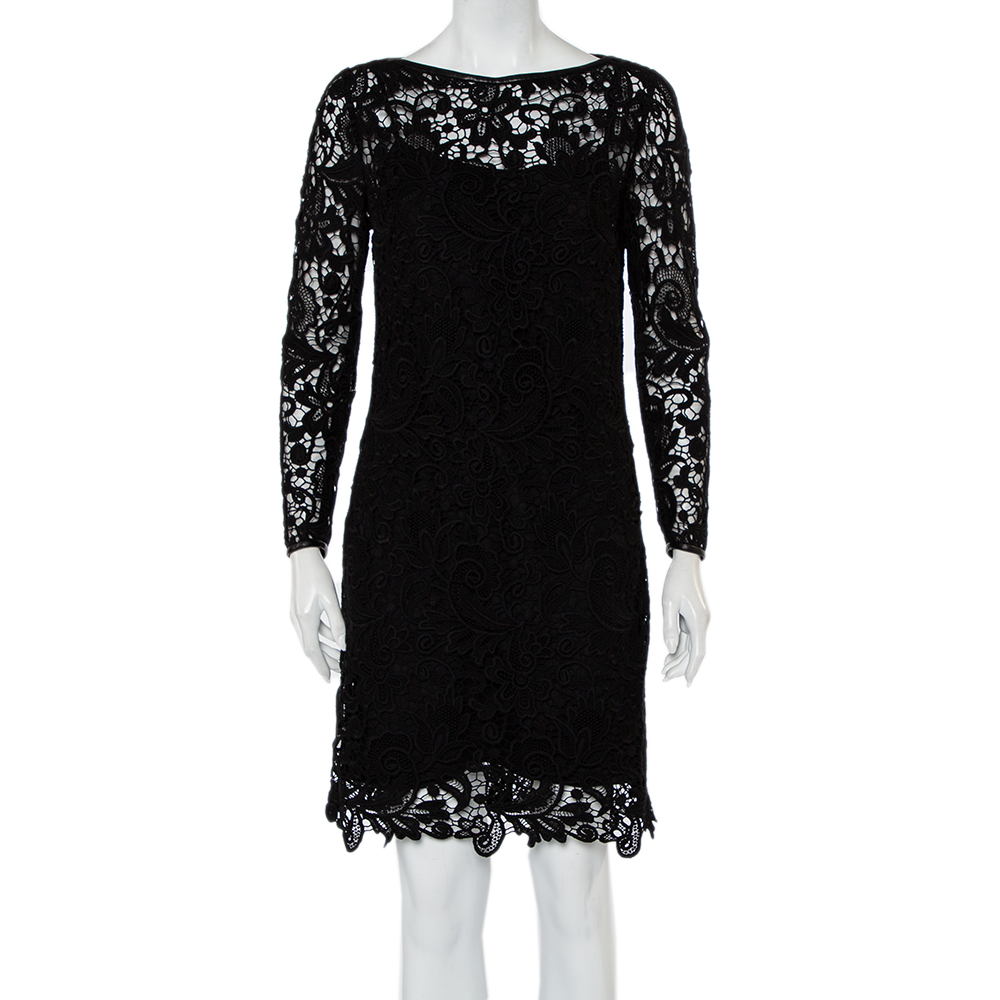Ralph Lauren Black Lace & Leather Trim Merrill Dress M