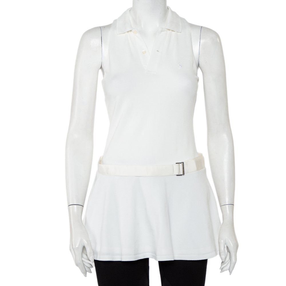 Ralph Lauren White Cotton Pique Racer Back Belted Tunic Top S