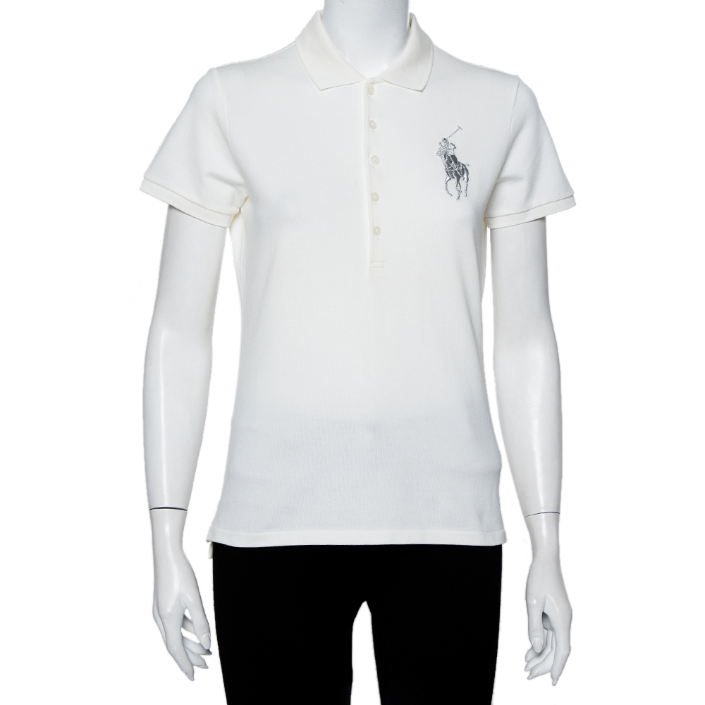 Ralph Lauren Off White Cotton Pique Logo Embroidered Polo T-Shirt L
