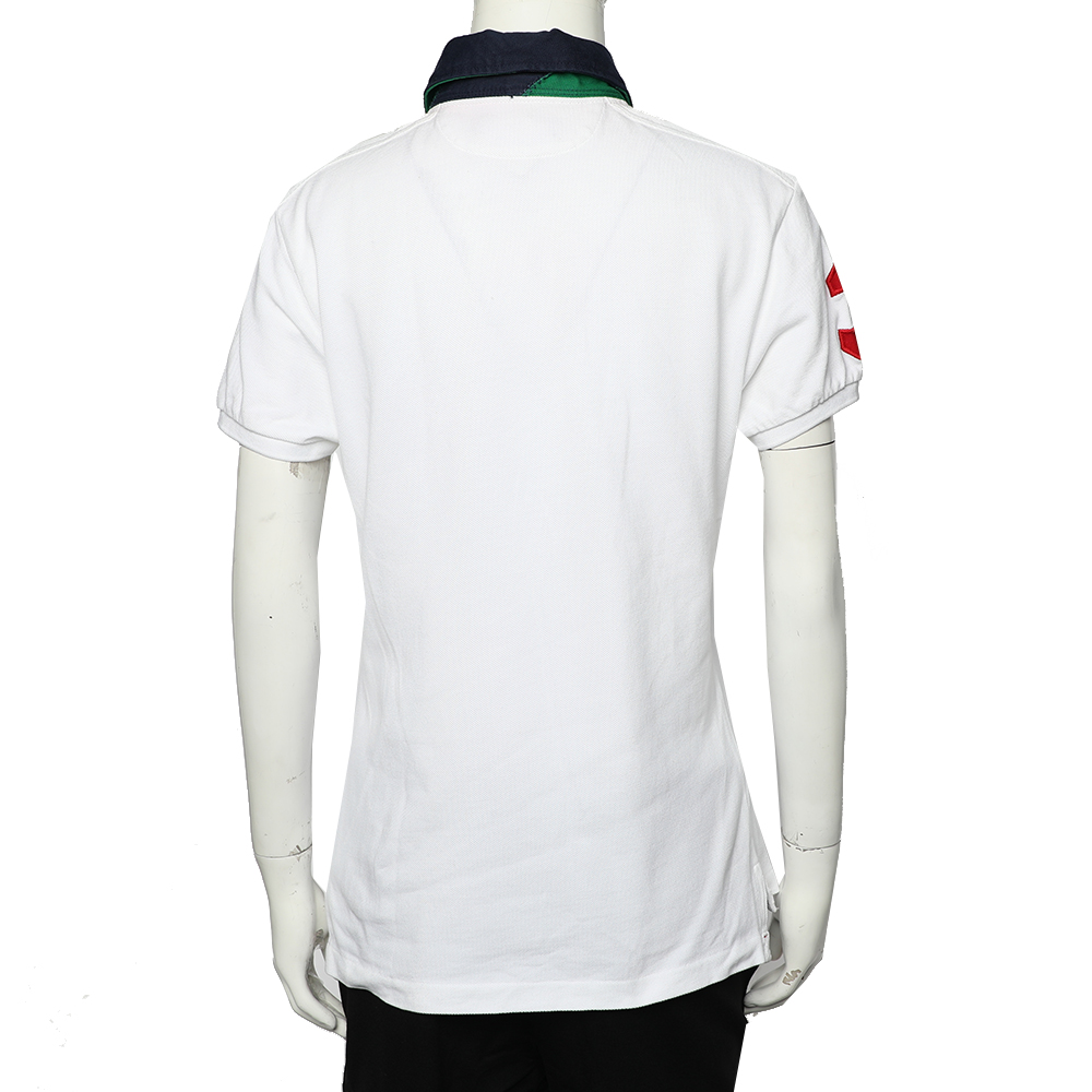 Ralph Lauren White Cotton Pique Contrast Collar Detail Polo T-Shirt L
