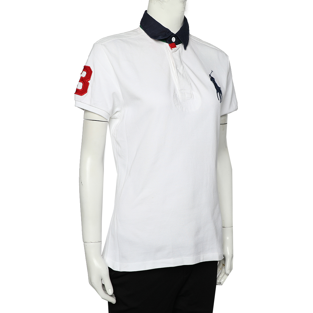 Ralph Lauren White Cotton Pique Contrast Collar Detail Polo T-Shirt L