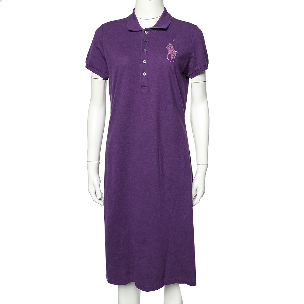 Ralph Lauren Purple Cotton Pique Embellished Logo Detail Polo T-Shirt Dress L