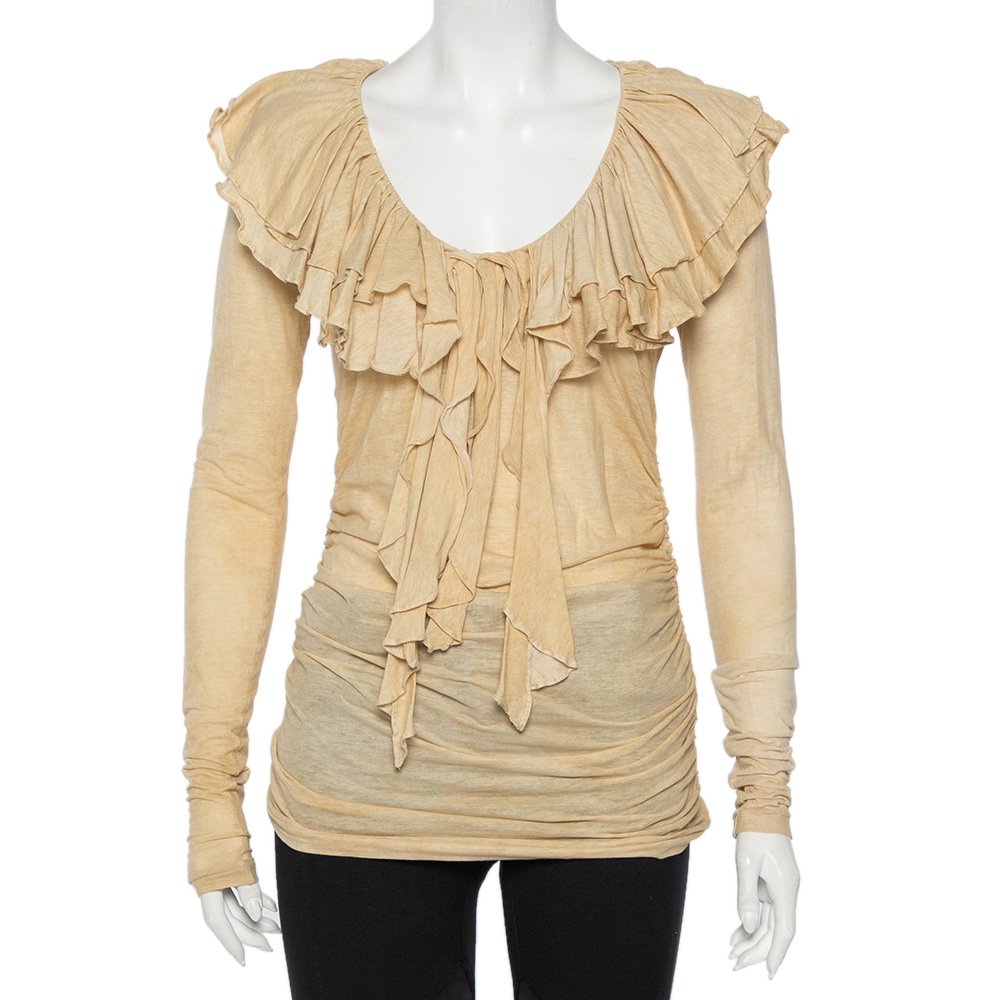 Ralph Lauren Beige Cool Dye Effect Cotton Knit Ruffle Detail Ruched Top S