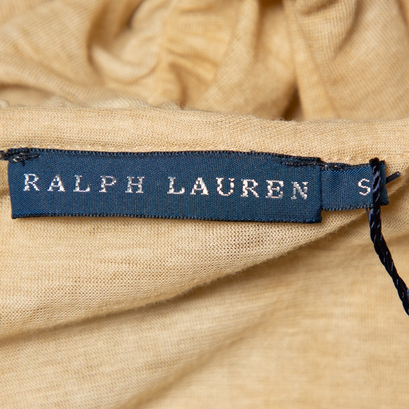 Ralph Lauren Beige Cool Dye Effect Cotton Knit Ruffle Detail Ruched Top S
