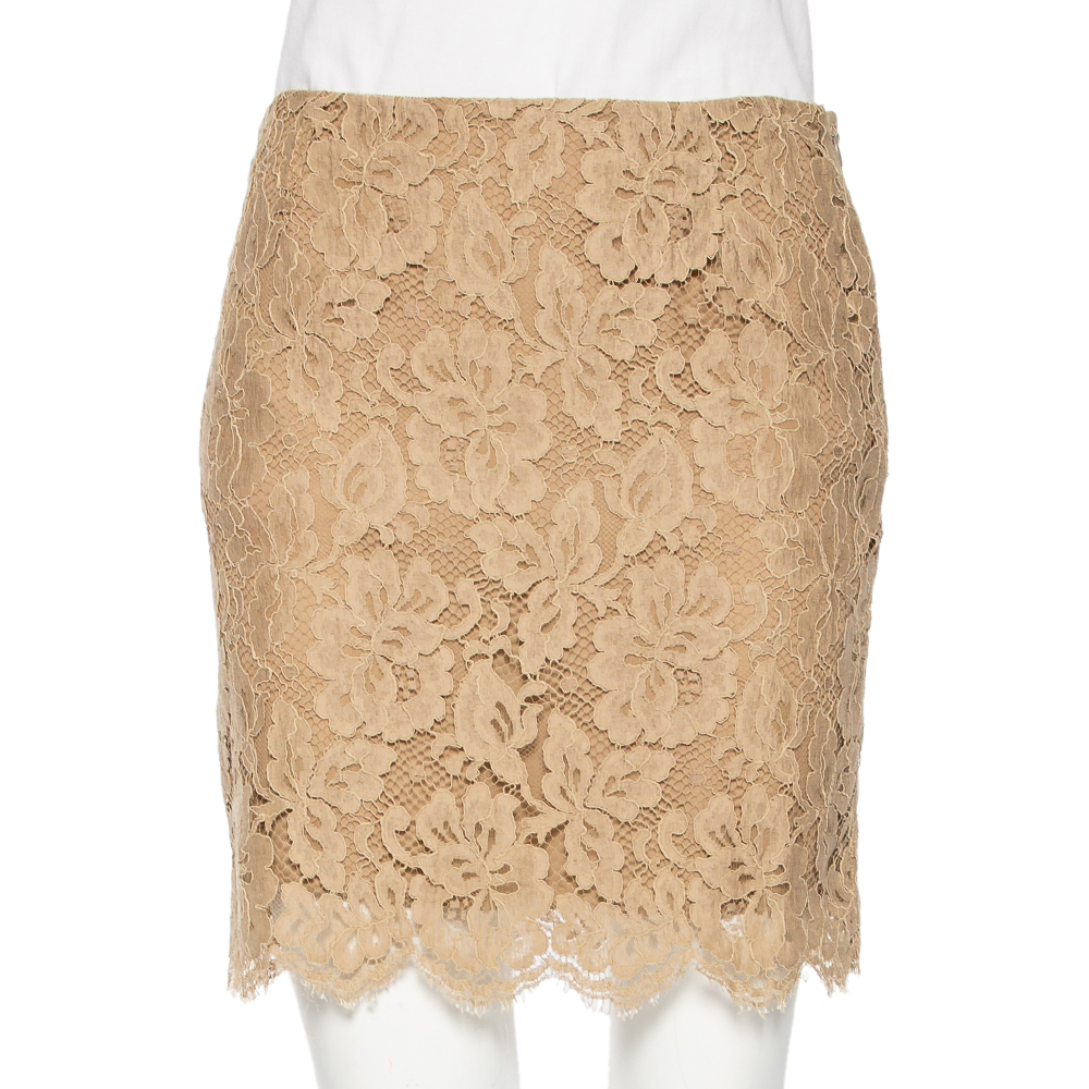 Ralph Lauren Beige Floral Lace Scallop Hem Mini Skirt M
