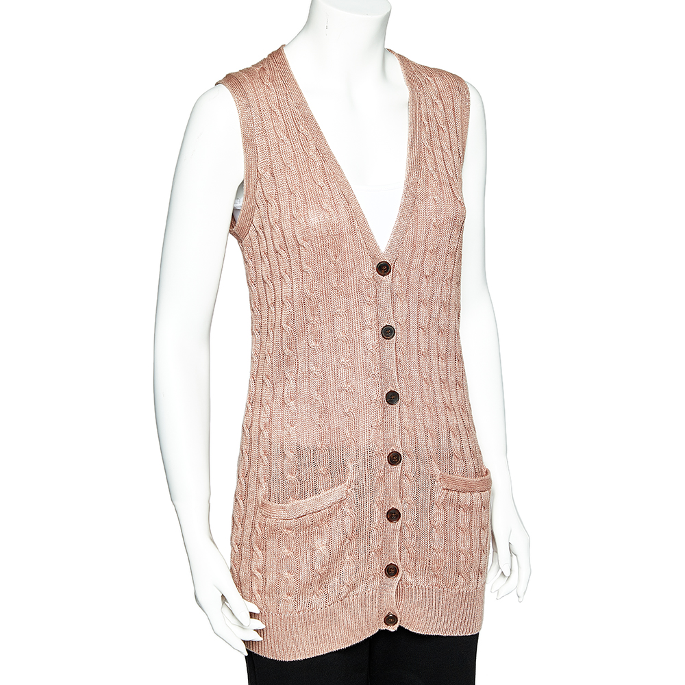 Ralph Lauren Pale Pink Linen Cable Knit Sleeveless Button Front Cardigan S