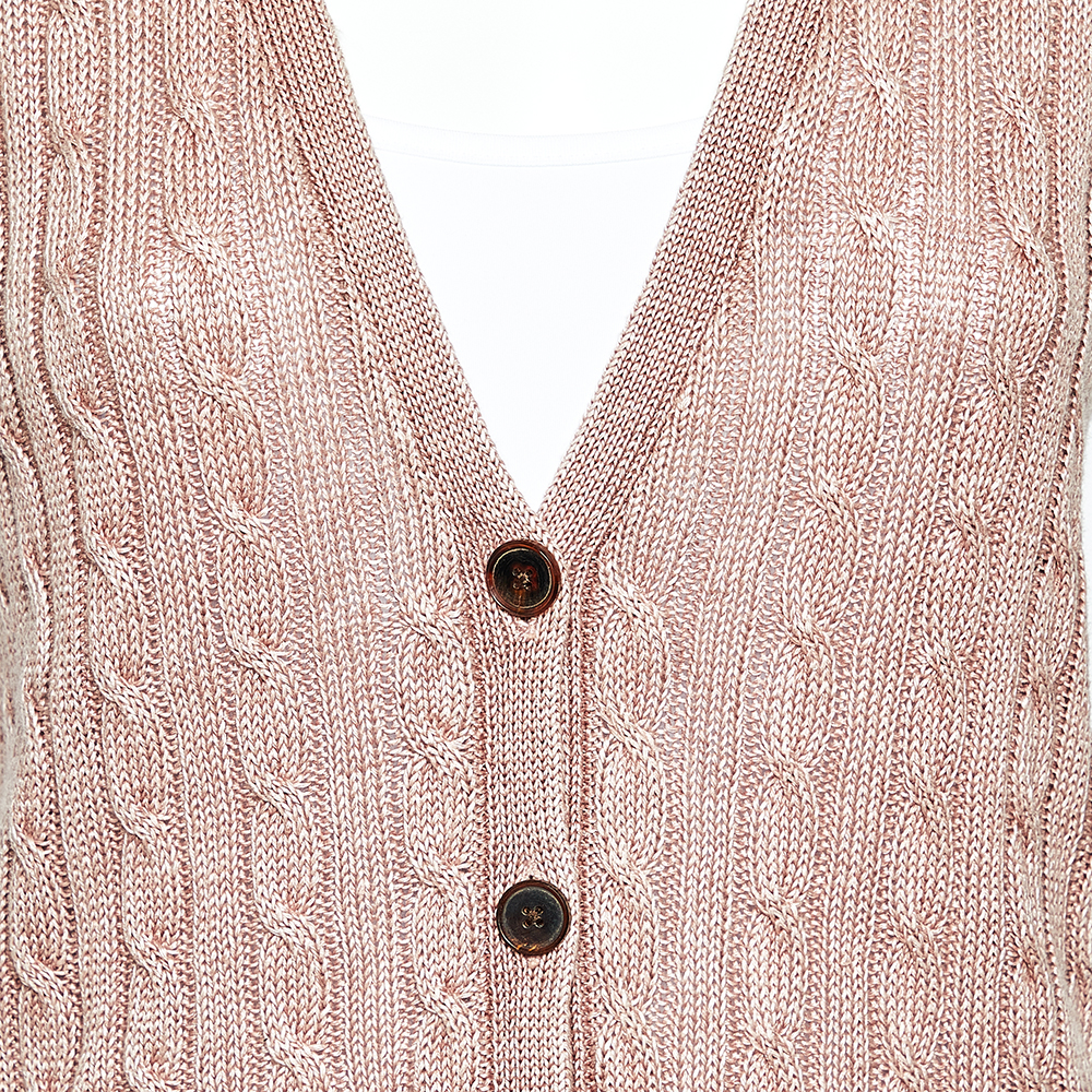 Ralph Lauren Pale Pink Linen Cable Knit Sleeveless Button Front Cardigan S