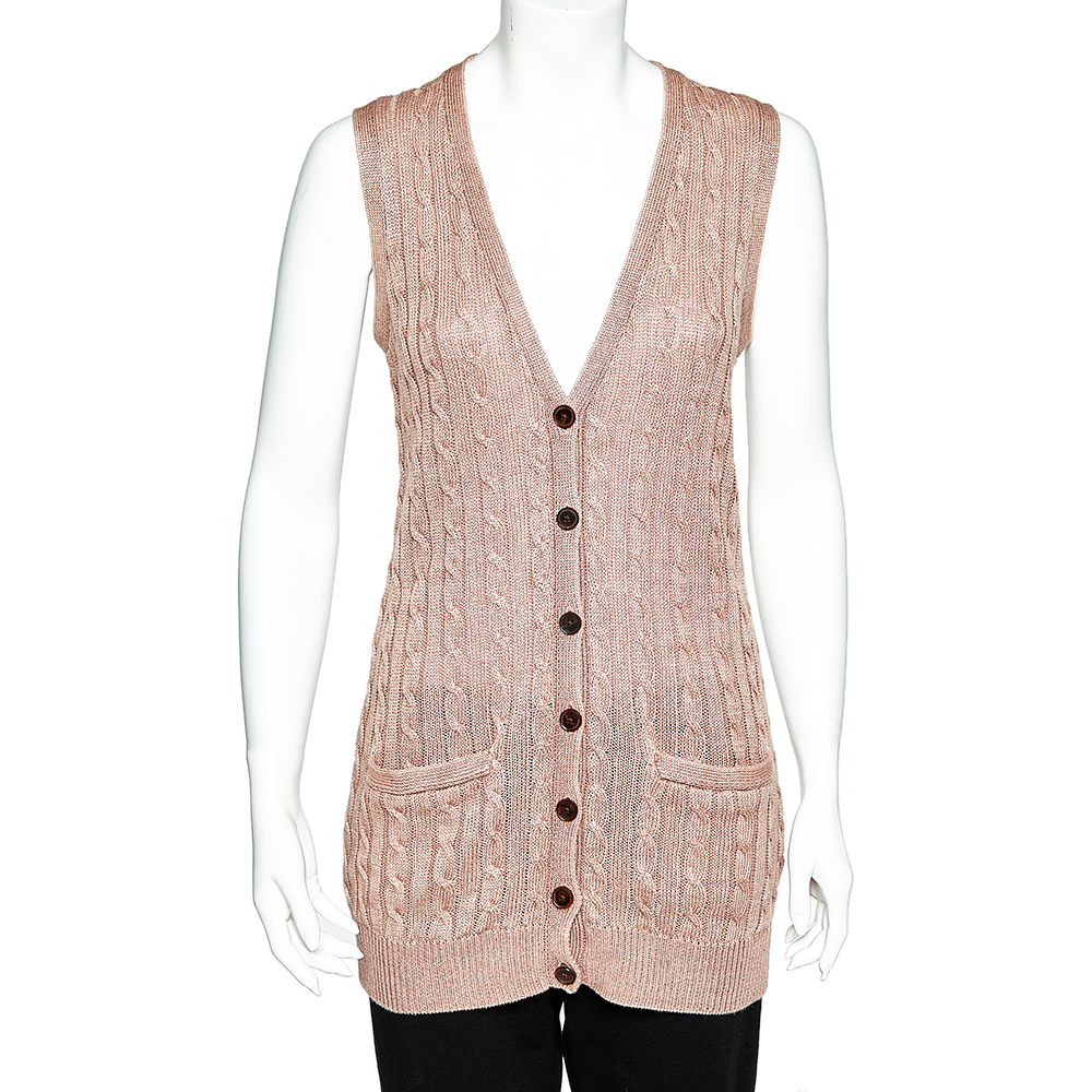 Ralph Lauren Pale Pink Linen Cable Knit Sleeveless Button Front Cardigan S