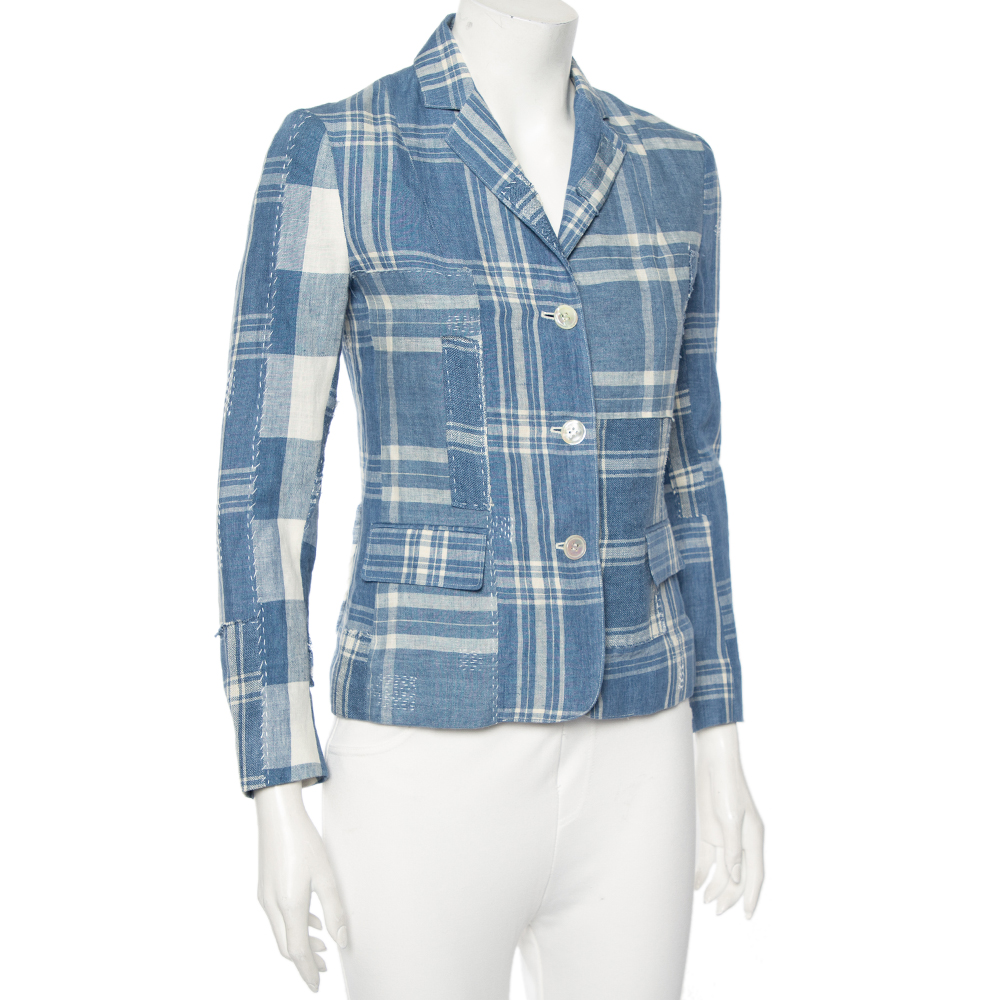 Ralph Lauren Blue Checkered Line Patchwork Detail Blazer S