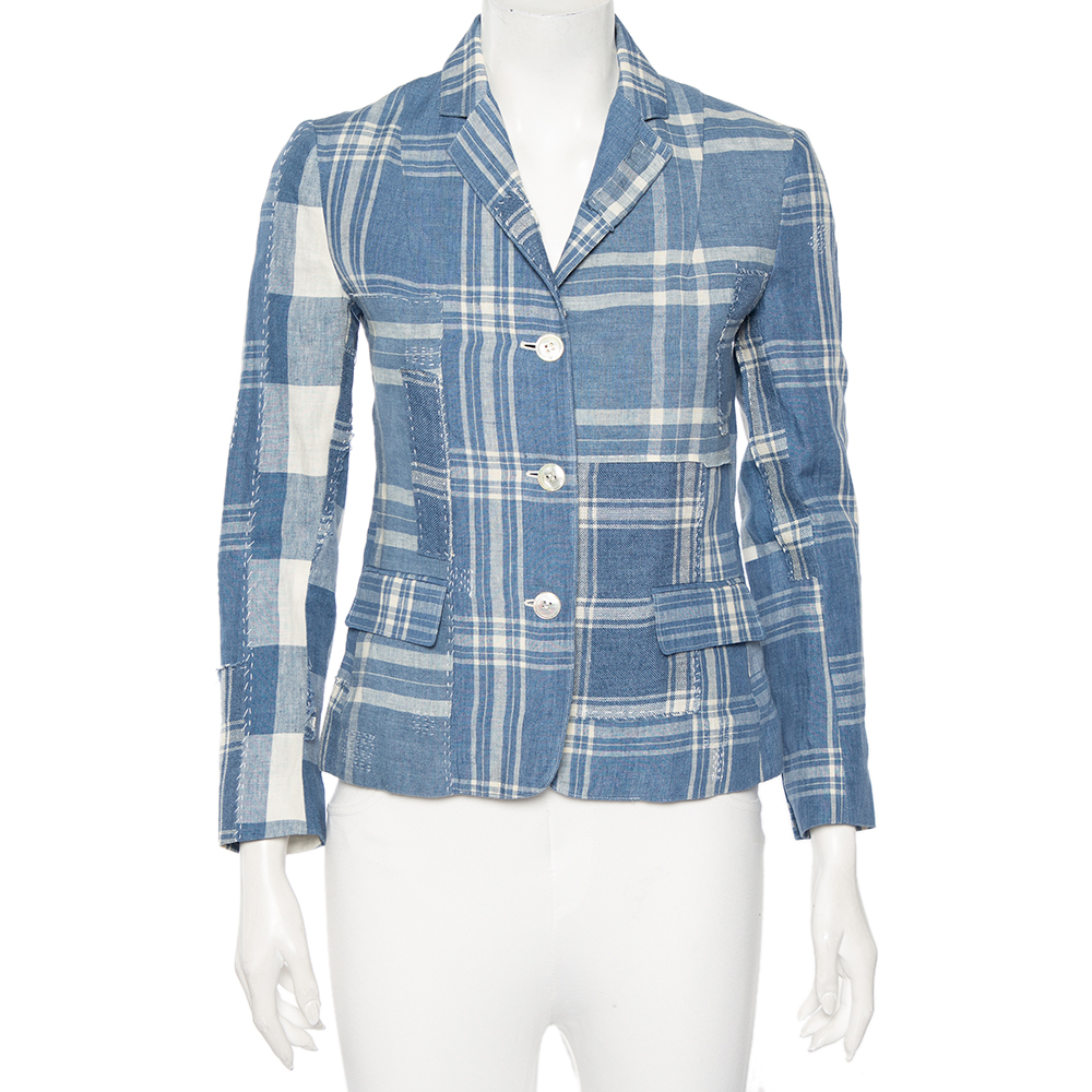 Ralph lauren blue checkered line patchwork detail blazer s