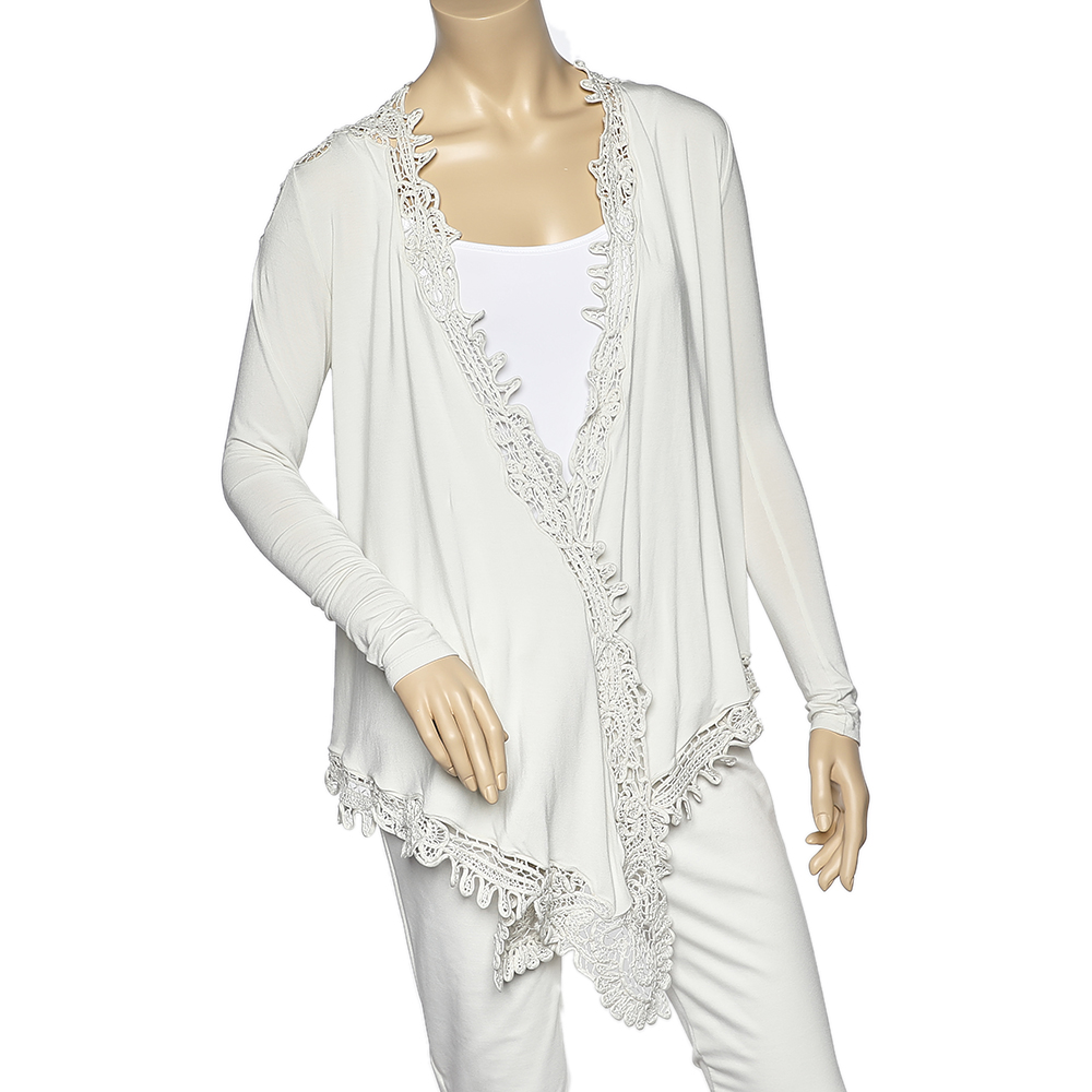 Ralph lauren cream stretch jersey crochet trim long sleeve shrug m