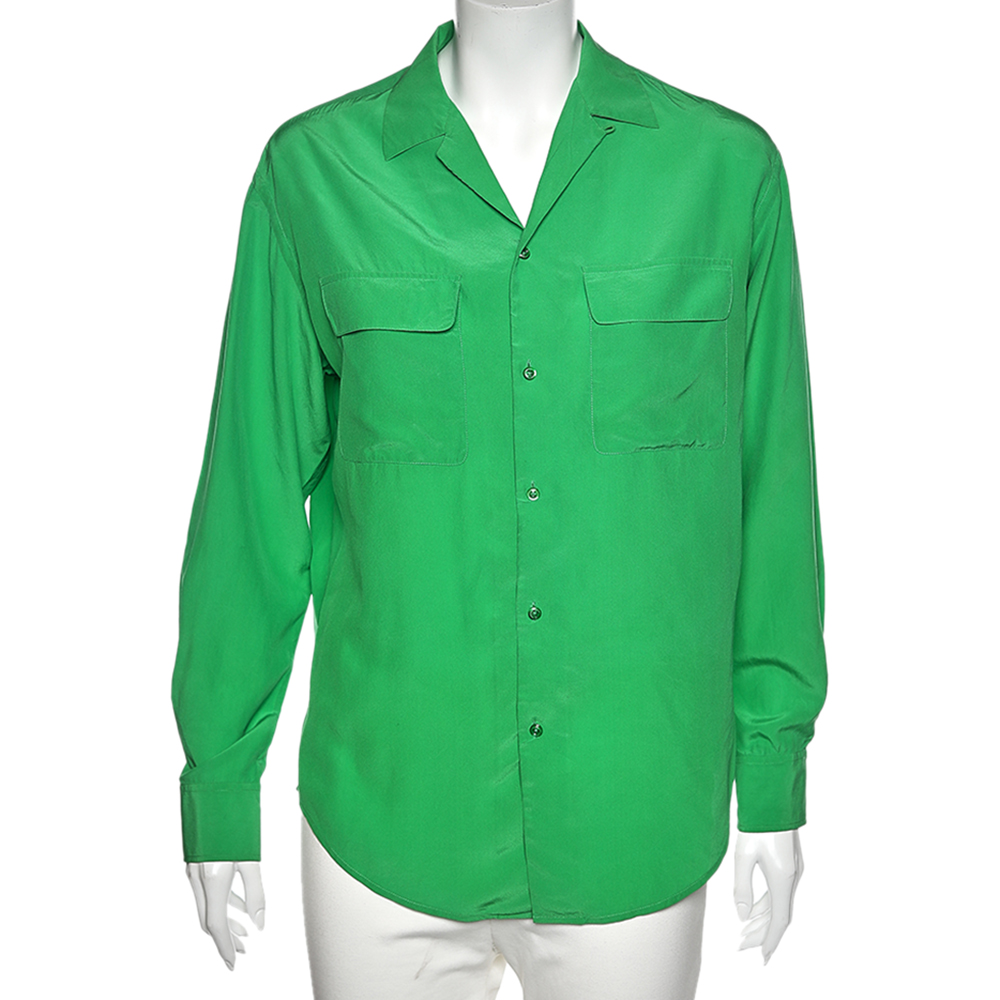 Ralph lauren green silk pocketed button front shirt m