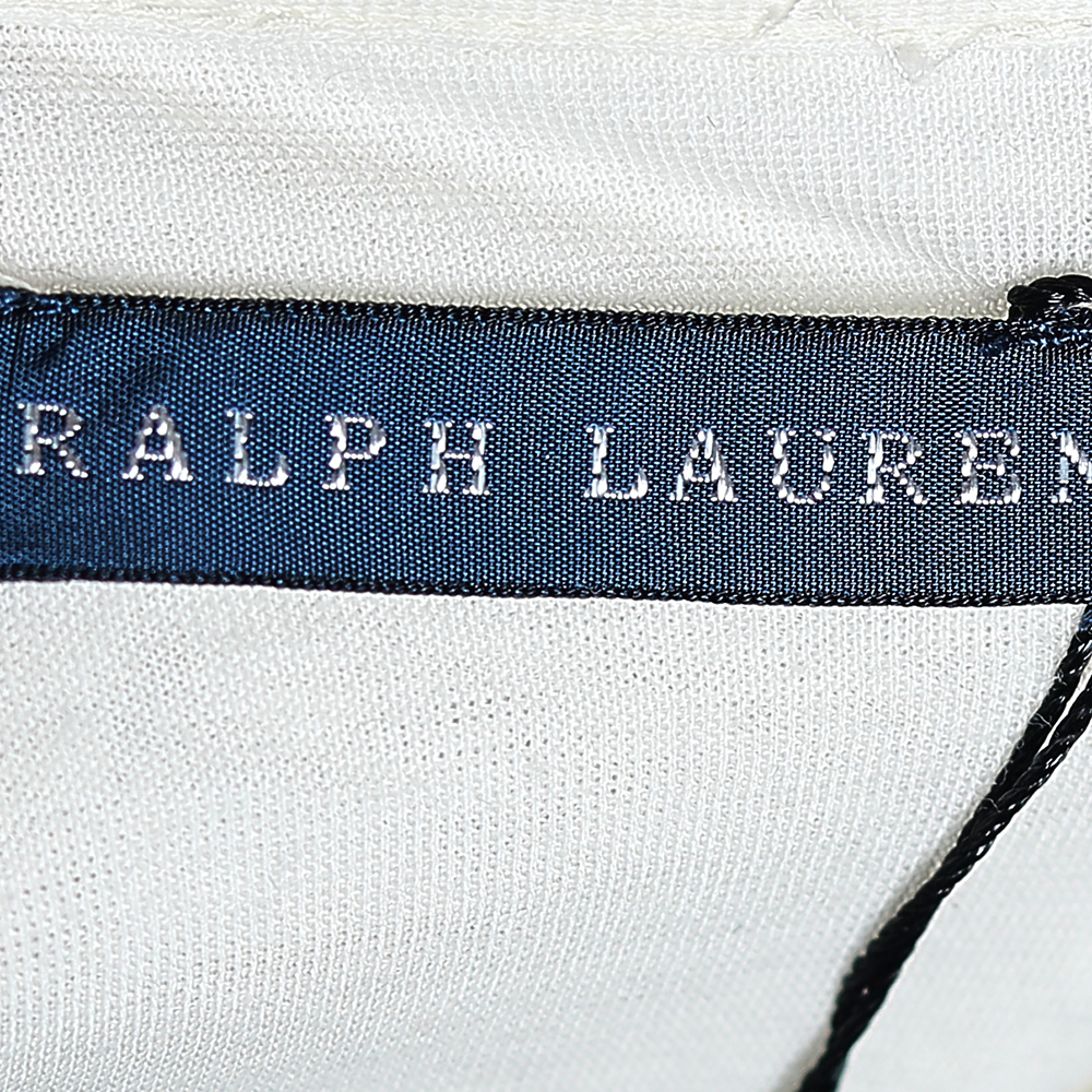 Ralph Lauren Off White Knit Ruffled Neck Button Front Top L