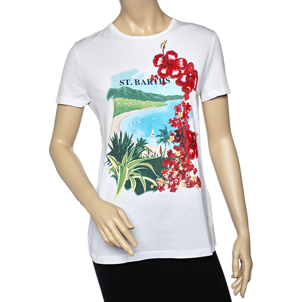 Ralph Lauren White St.Barths Printed Sequin Embellished Cotton T-Shirt S