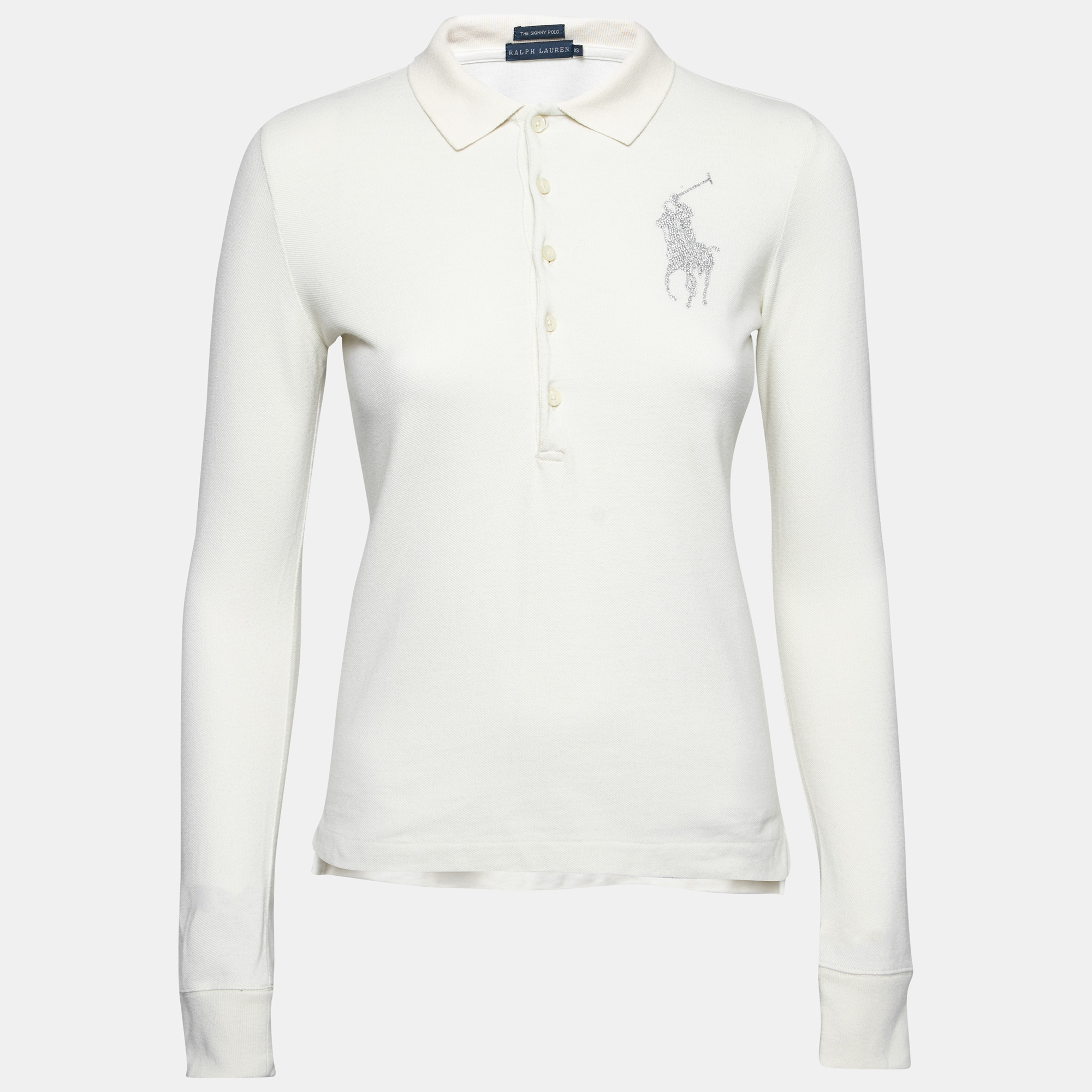 Ralph lauren cream cotton pique logo embellished skinny polo t-shirt xs