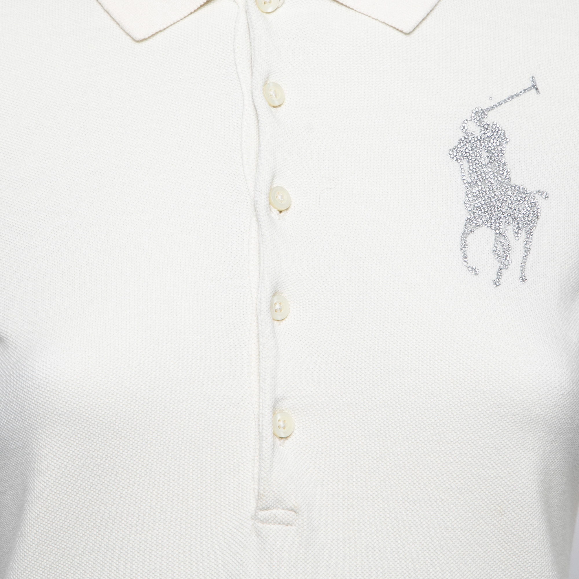 Ralph Lauren Cream Cotton Pique Logo Embellished Skinny Polo T-Shirt XS