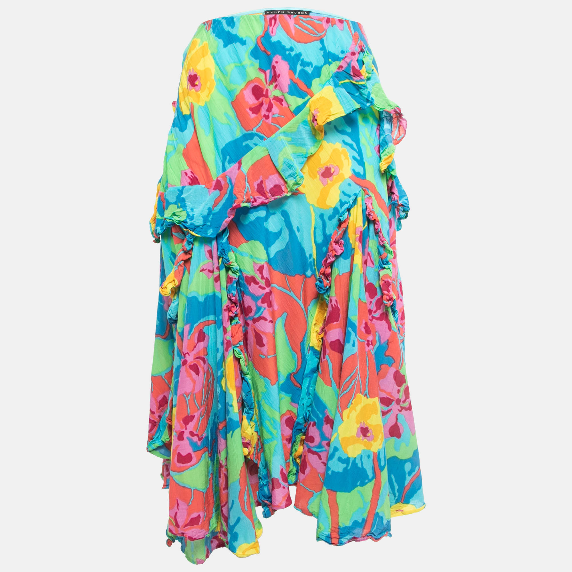 Ralph Lauren Multicolor Floral Printed Cotton & Silk Ruffled Midi Skirt S