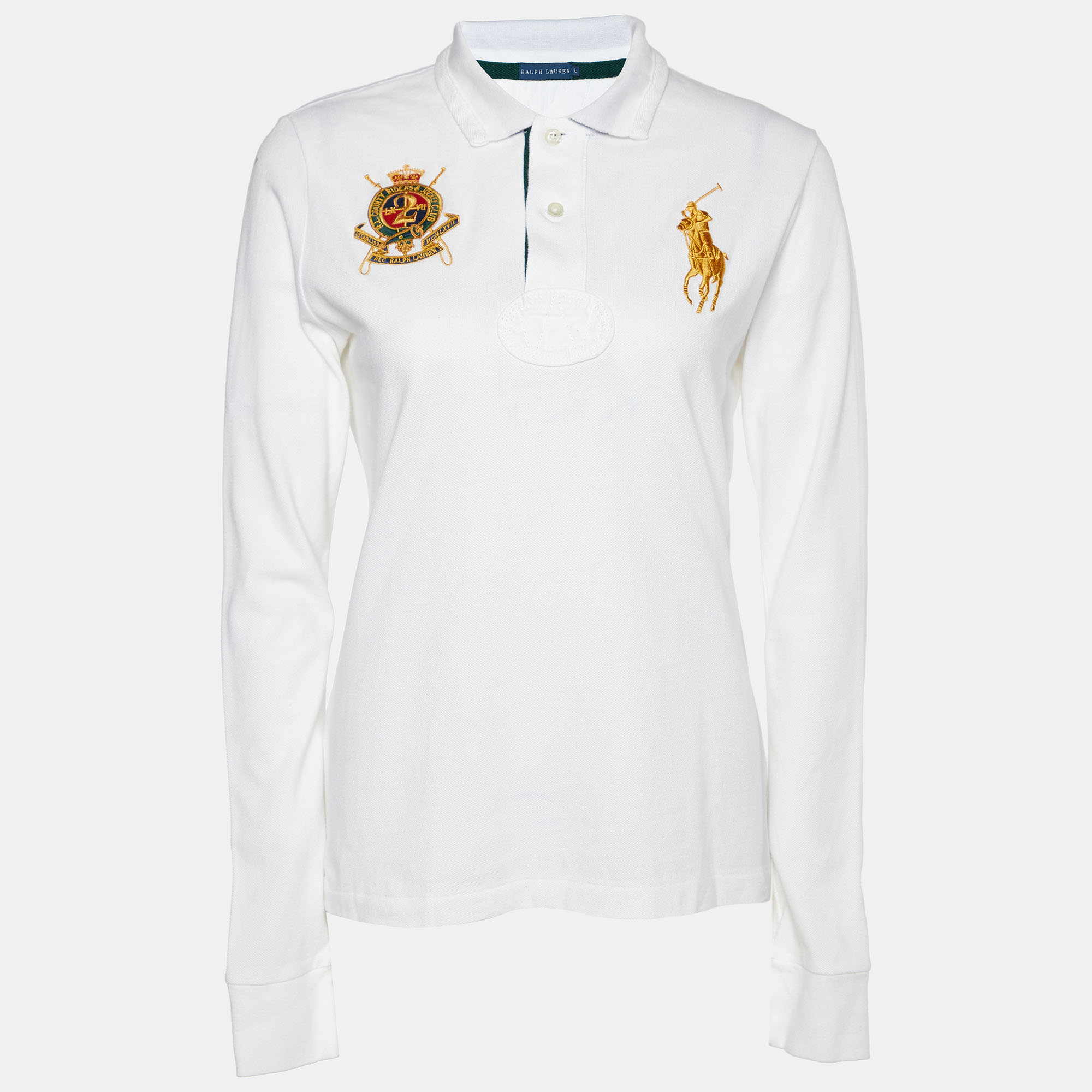Ralph Lauren White Embroidered Cotton Knit Long Sleeve Polo T-Shirt L
