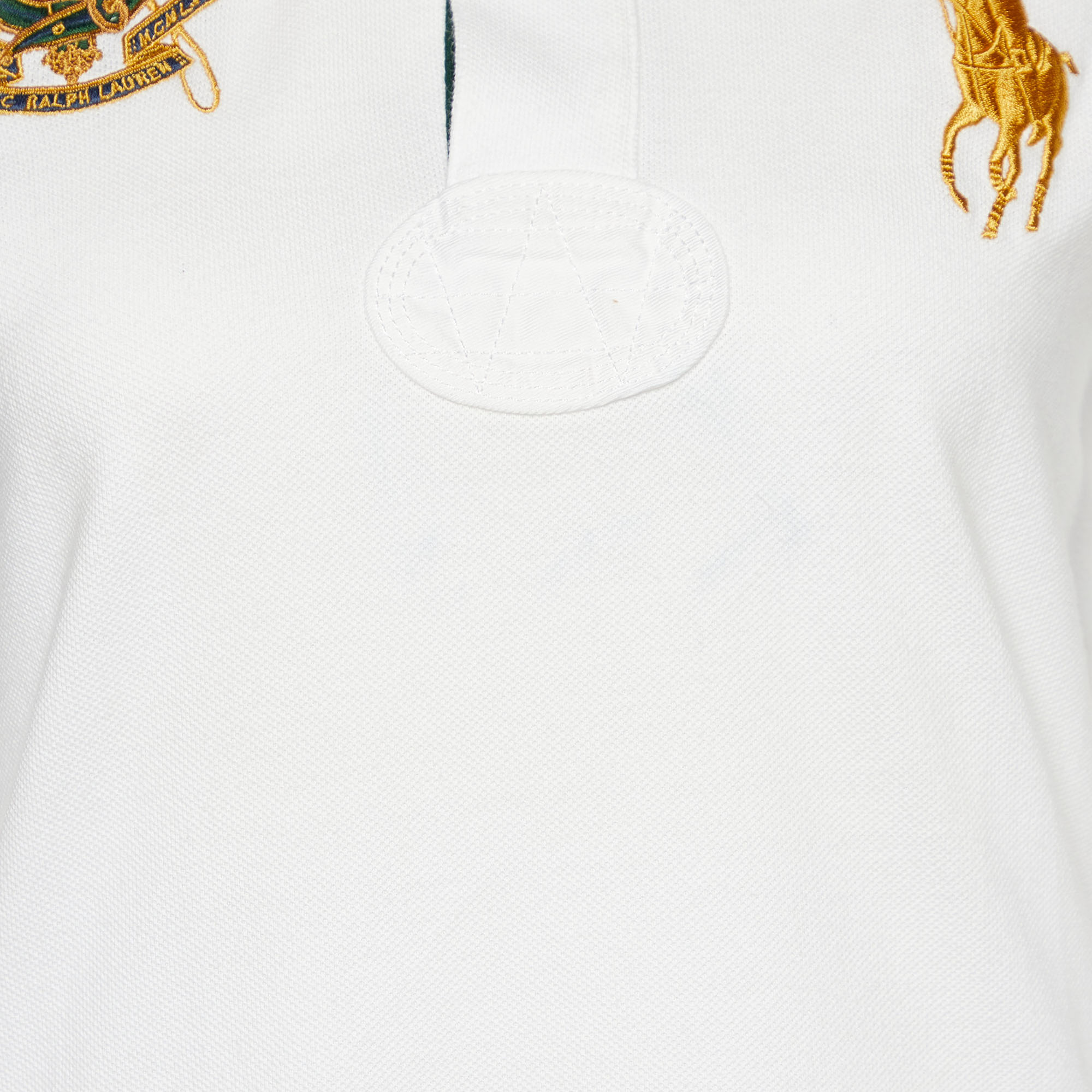 Ralph Lauren White Embroidered Cotton Knit Long Sleeve Polo T-Shirt L