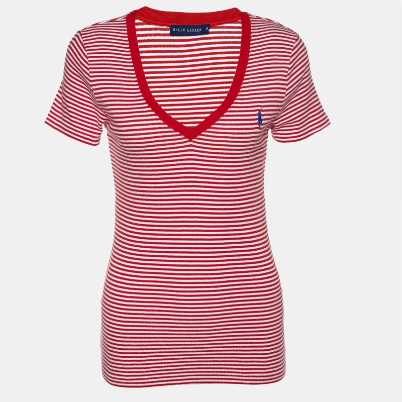 Ralph Lauren Red & White Striped Logo Embroidered V- Neck T-Shirt M