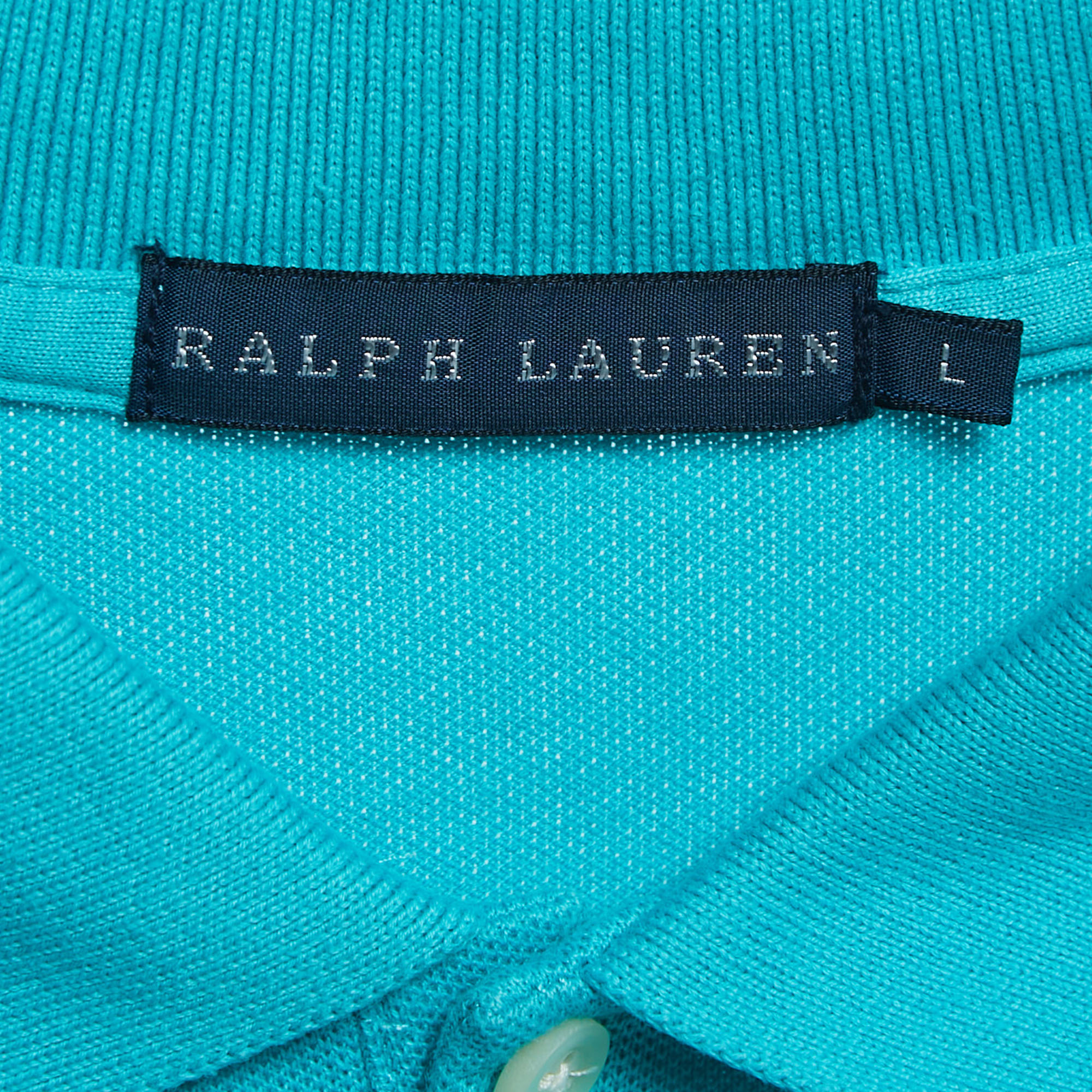 Ralph Lauren Teal Blue Cotton Glitter Logo Polo T-Shirt L