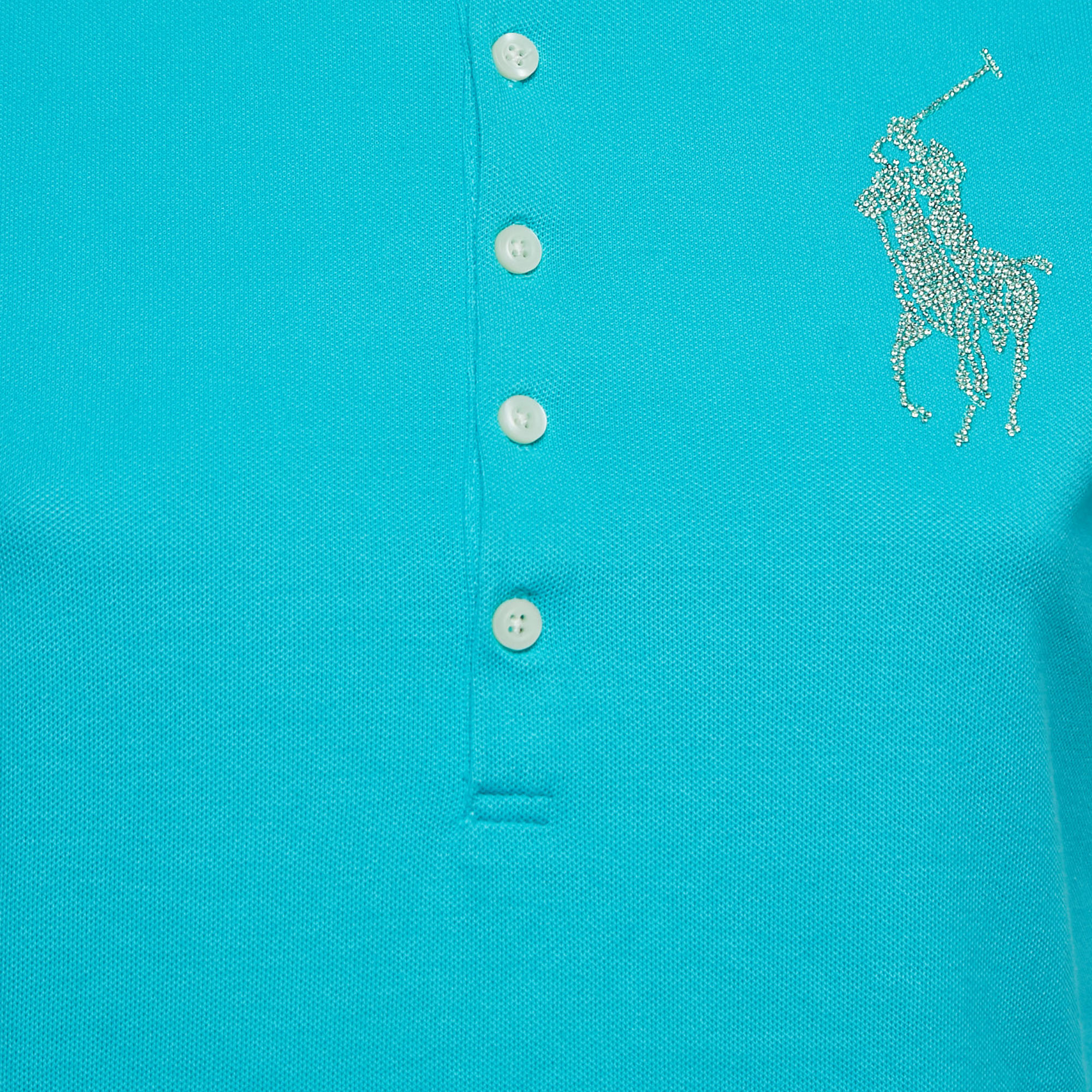 Ralph Lauren Teal Blue Cotton Glitter Logo Polo T-Shirt L