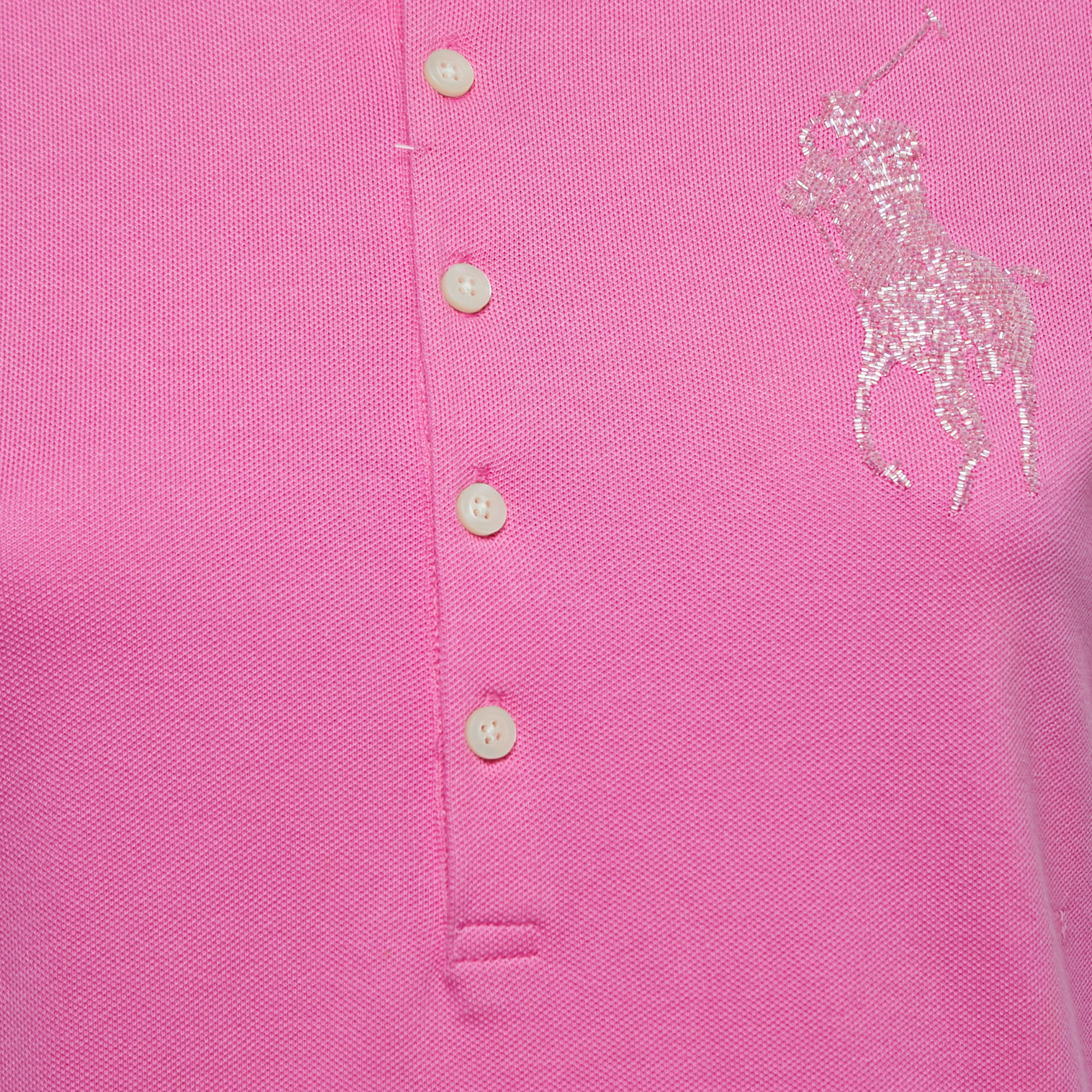 Ralph Lauren Pink Cotton Beaded Logo Polo T-Shirt M