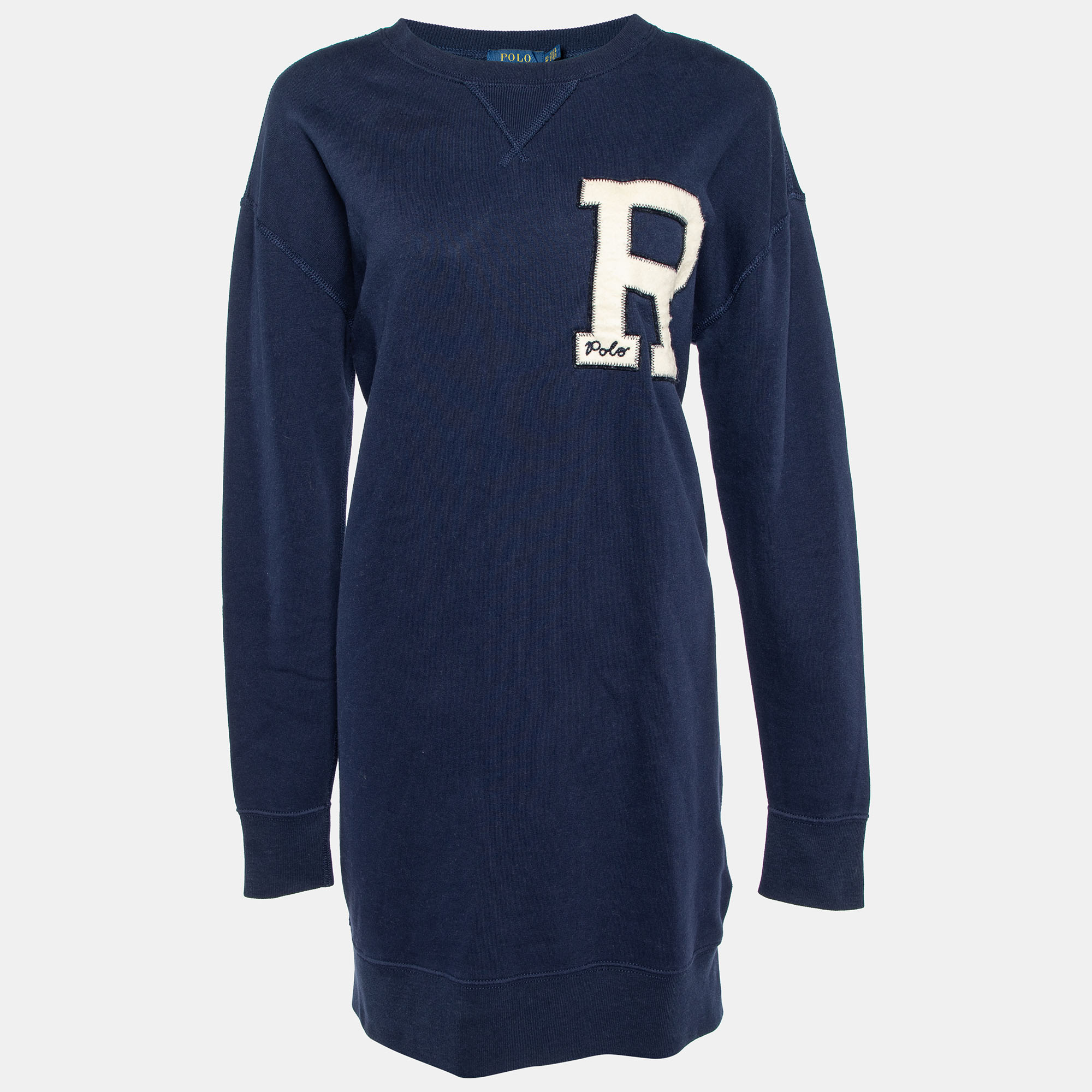 Polo ralph lauren navy blue letter applique cotton knit sweater dress xs