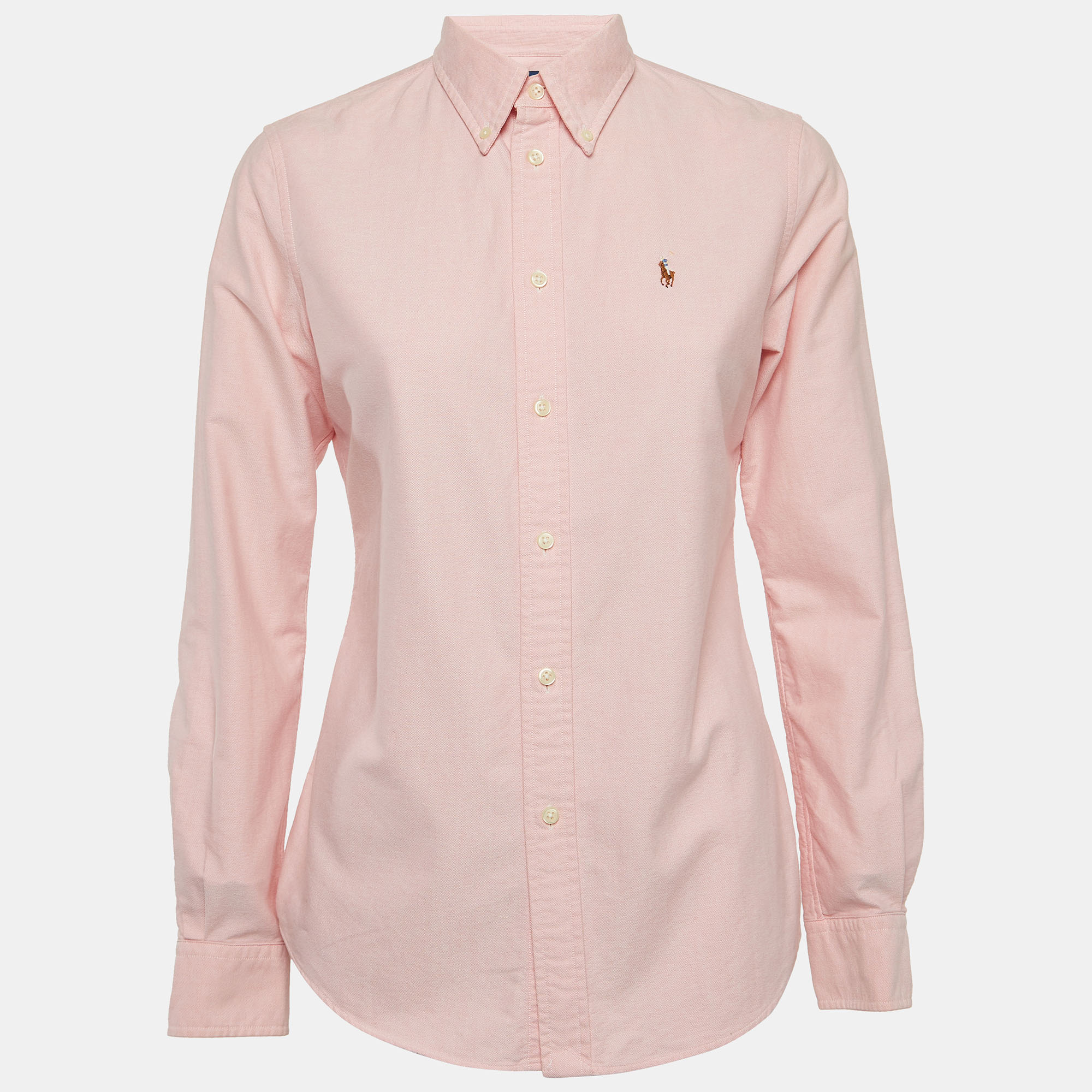 Ralph lauren pink logo embroidered cotton button down shirt s
