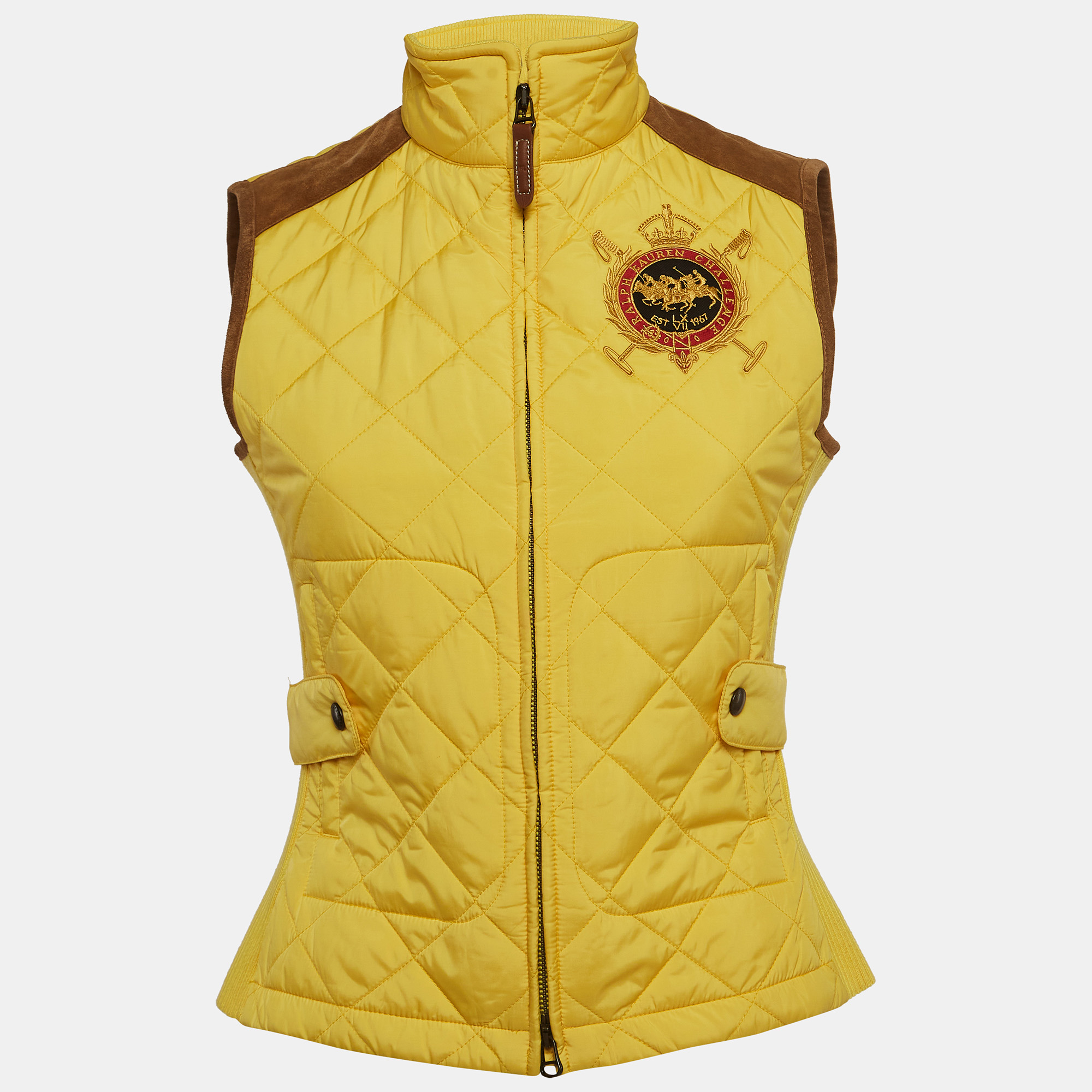 Ralph lauren sport yellow embroidered suede trim synthetic quilted vest s