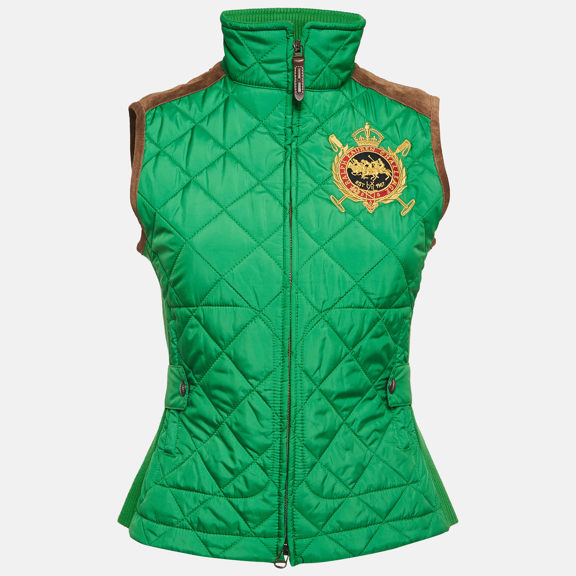 Ralph lauren sport green embroidered suede trim synthetic quilted vest s